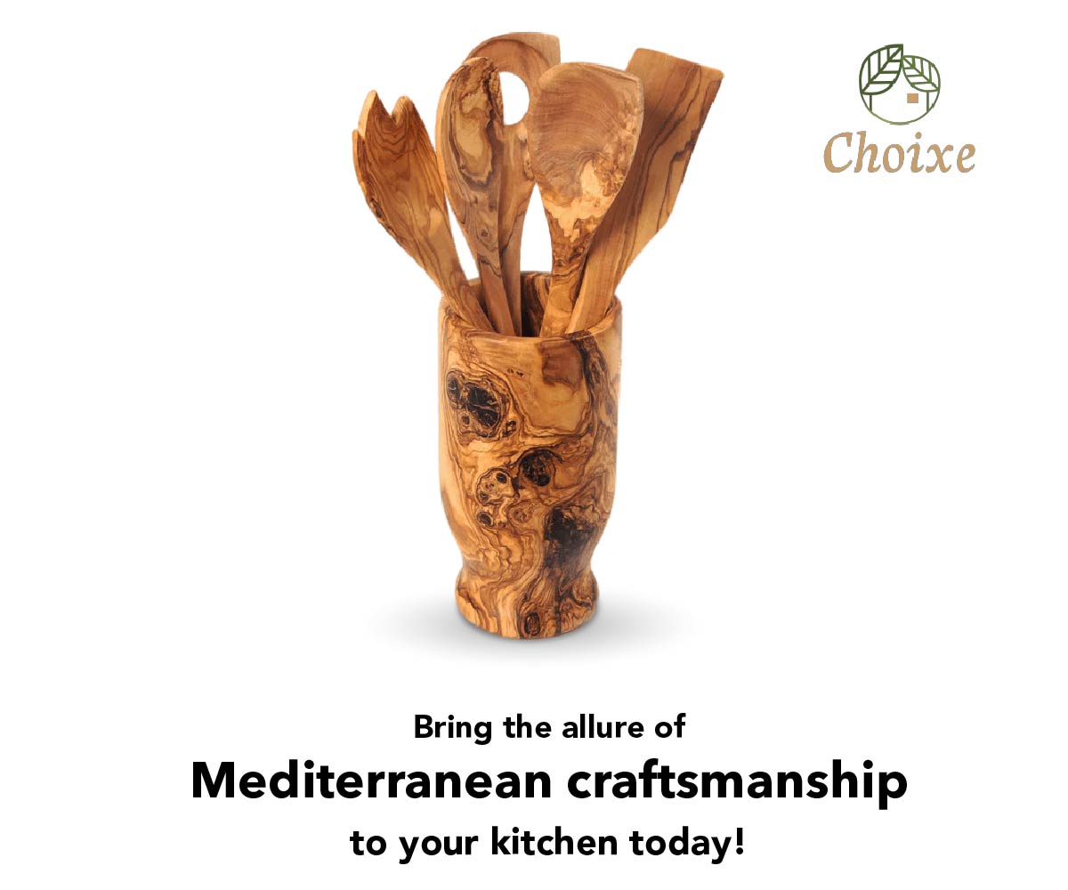 Olive Wood Kitchen Servers Set W/Holder -6 Pcs-thumbmail-4