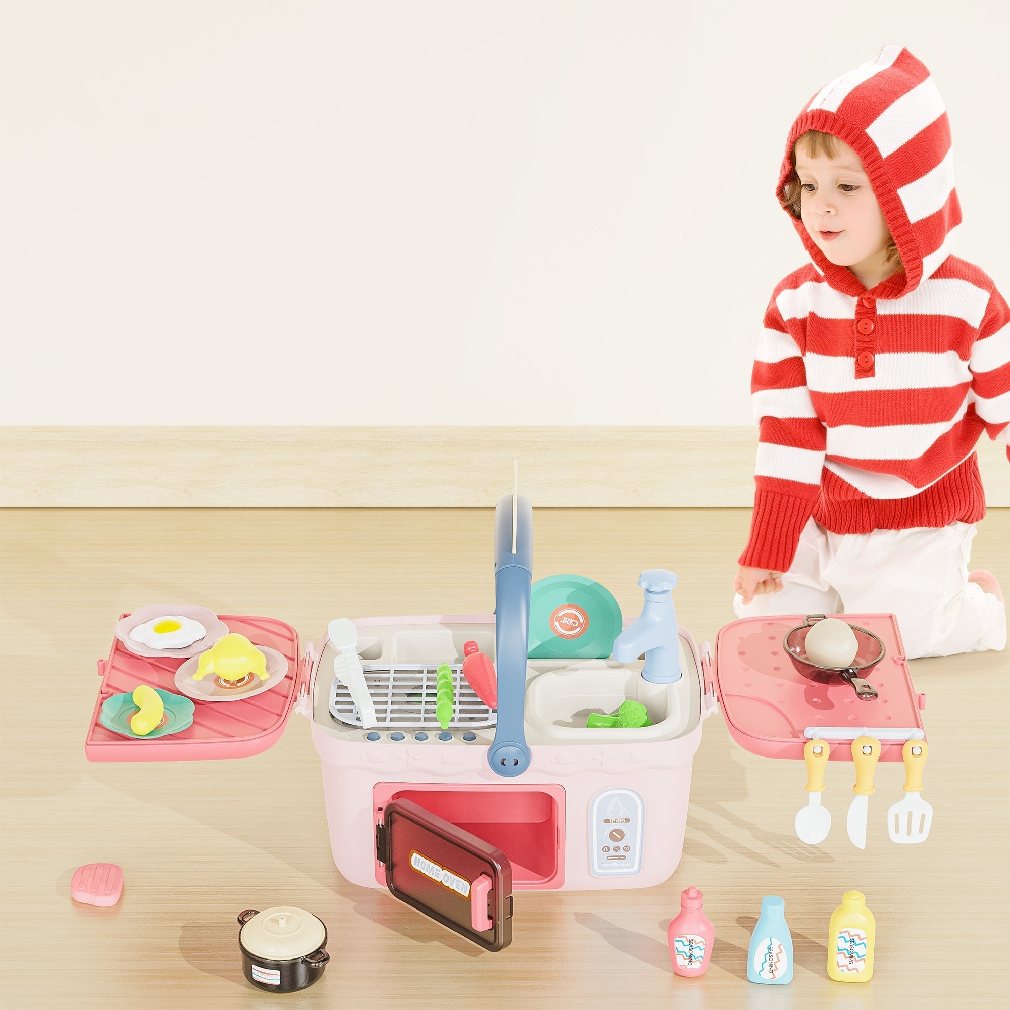 Contixo Kids Kitchen & Picnic Playset, Toddler Toys, Ages 3+, Interactive Grill, Sink & Oven, Mini Kitchen W/ Music & Lights, Color-Changing Foods, Boys & Girls-thumbmail-11