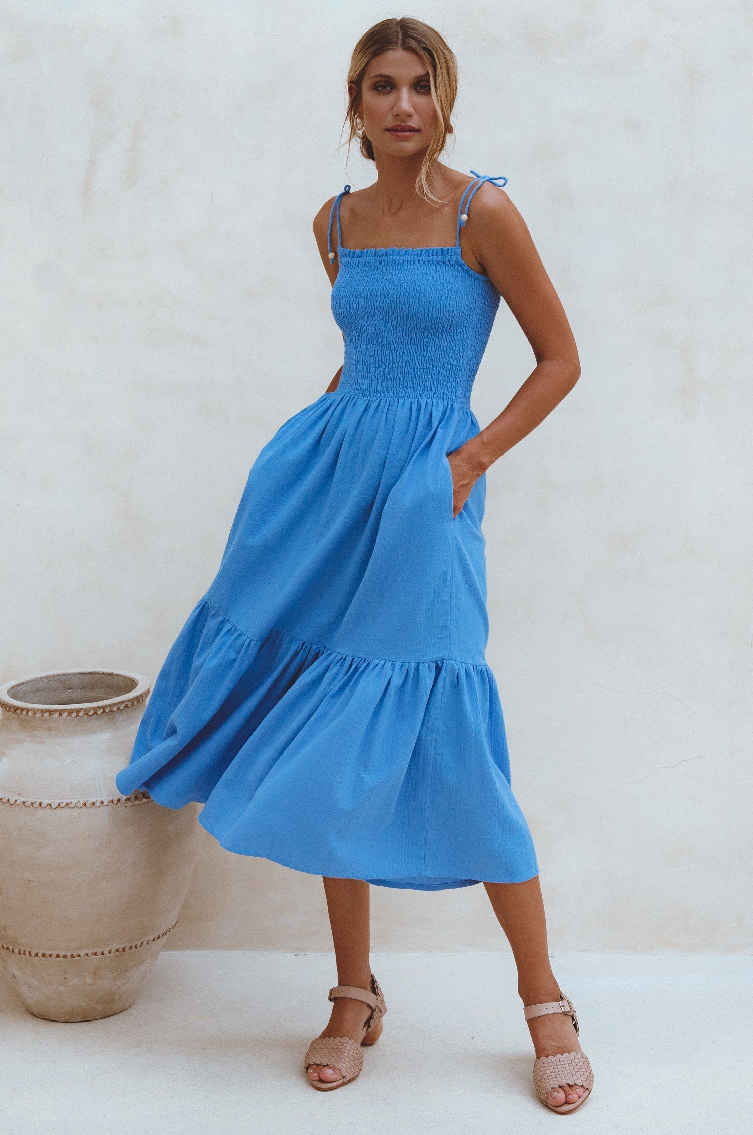 Paradiso Strappy Linen Midi Dress-thumbmail-3