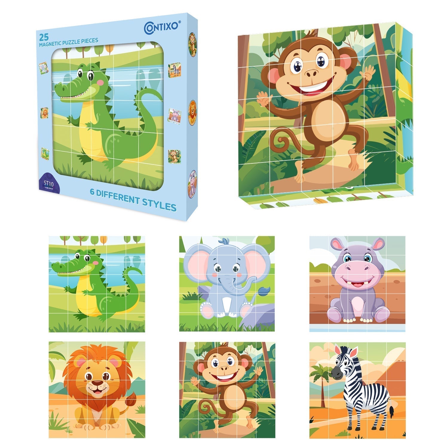 Contixo ST10 25-Piece Magnetic Jungle Animal Puzzle Blocks – 6 Puzzles in One-thumbmail-1