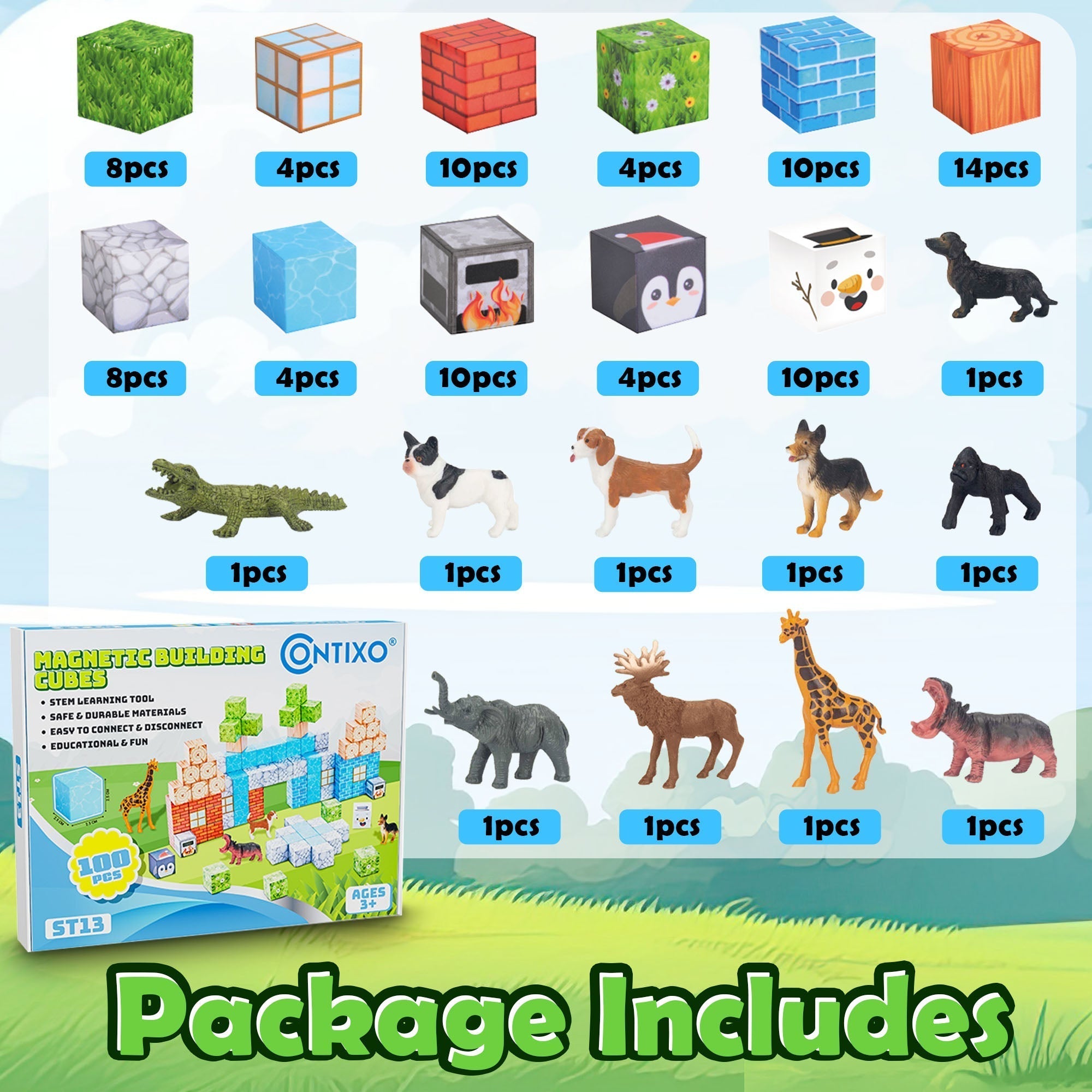 Contixo ST13 Magnetic Blocks, 100 PCS Magnetic Building Cube Game, Sensory Toys for Boys & Girls, STEM Stacking Toy Gifts for Age 3-12-thumbmail-6