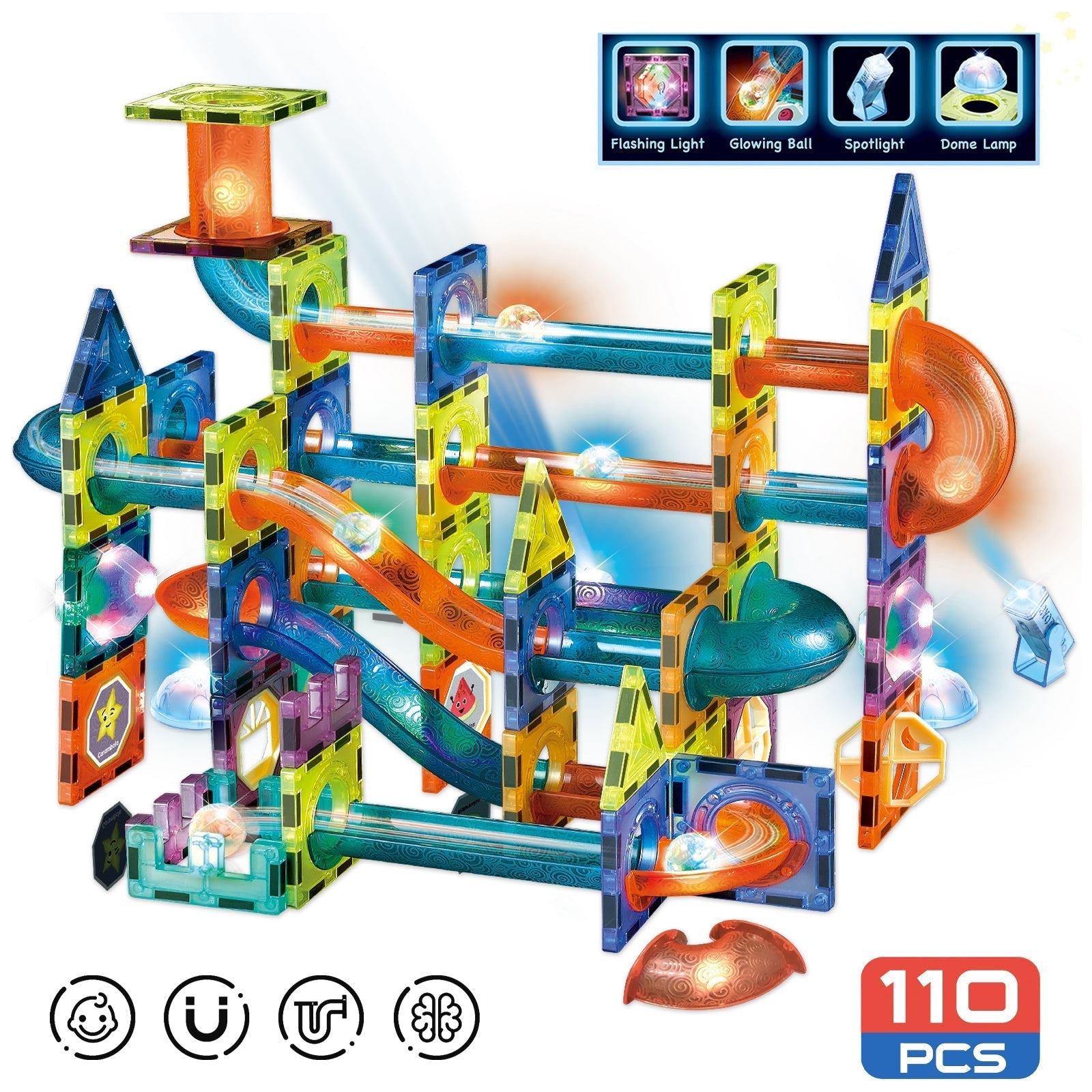 Contixo ST8 Magnetic Light-Up 3D Tiles Building Set - 110 Piece STEM Marble Run Blocks for Kids, Fun Educational Toy for Boys & Girls Ages-thumbmail-1