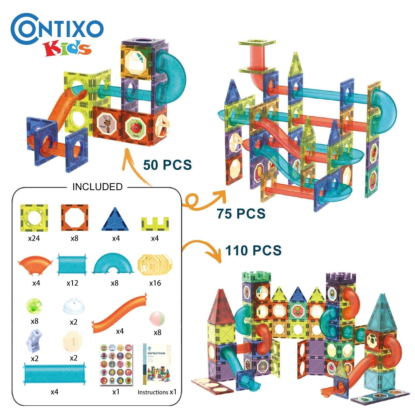 Contixo ST8 Magnetic Light-Up 3D Tiles Building Set - 110 Piece STEM Marble Run Blocks for Kids, Fun Educational Toy for Boys & Girls Ages-thumbmail-5