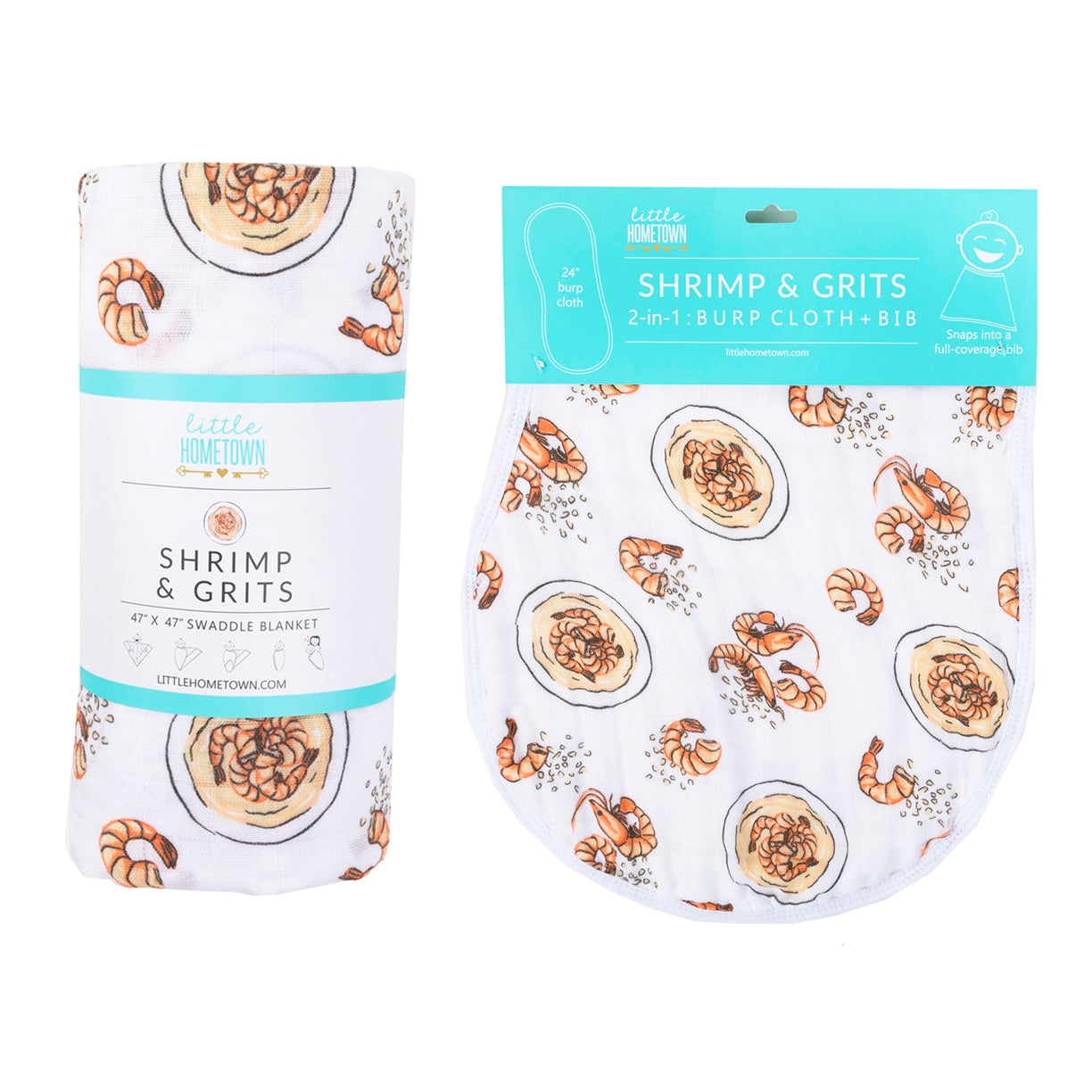 Gift Set: Shrimp'n Grits Baby Muslin Swaddle Blanket and Burp Cloth/Bib Combo-thumbmail-4