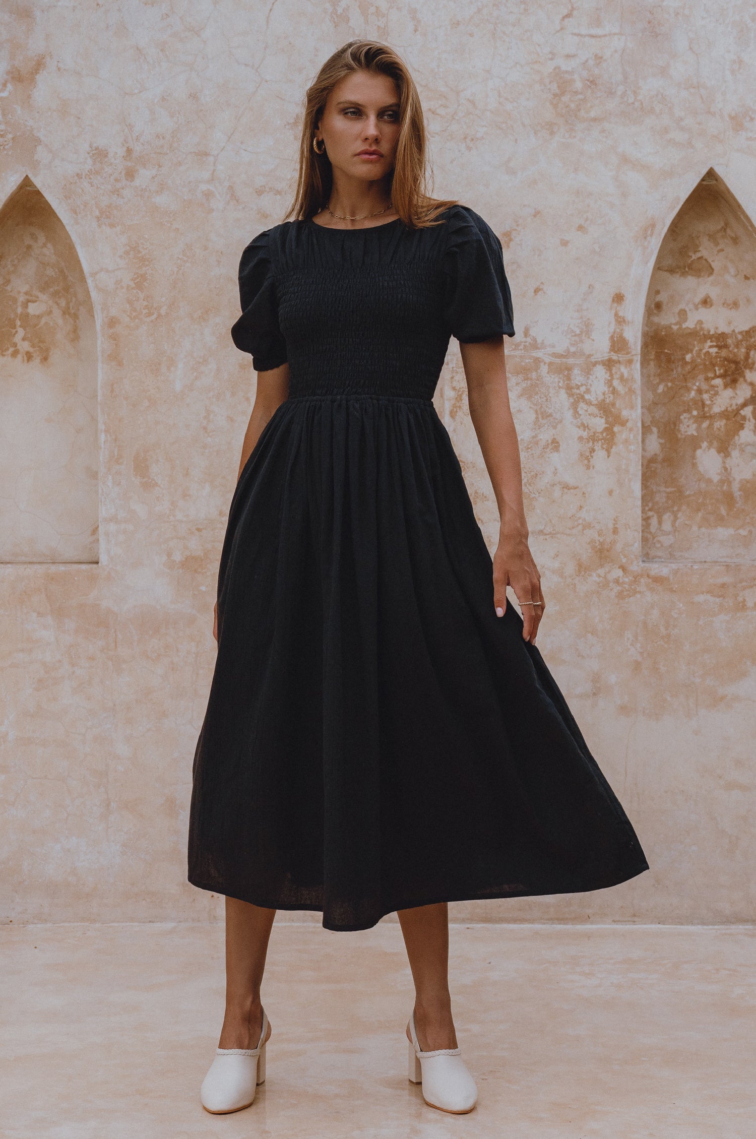 Sophie Smocked Linen Midi Dress-thumbmail-1