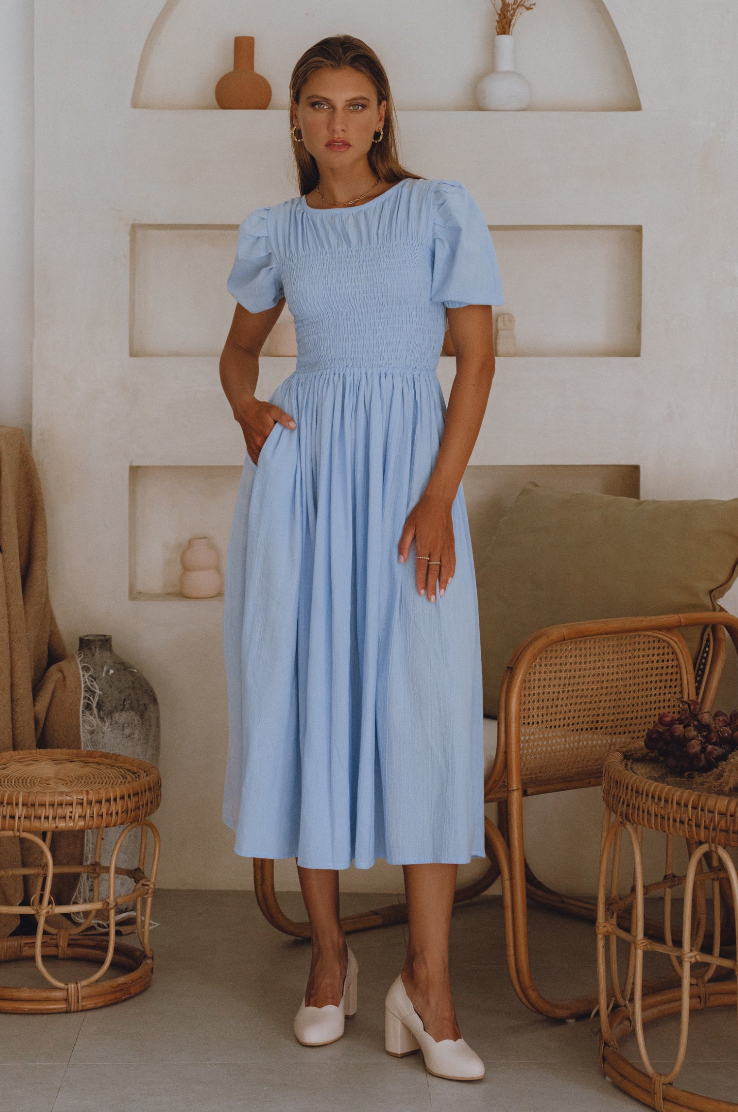 Sophie Smocked Linen Midi Dress-thumbmail-5
