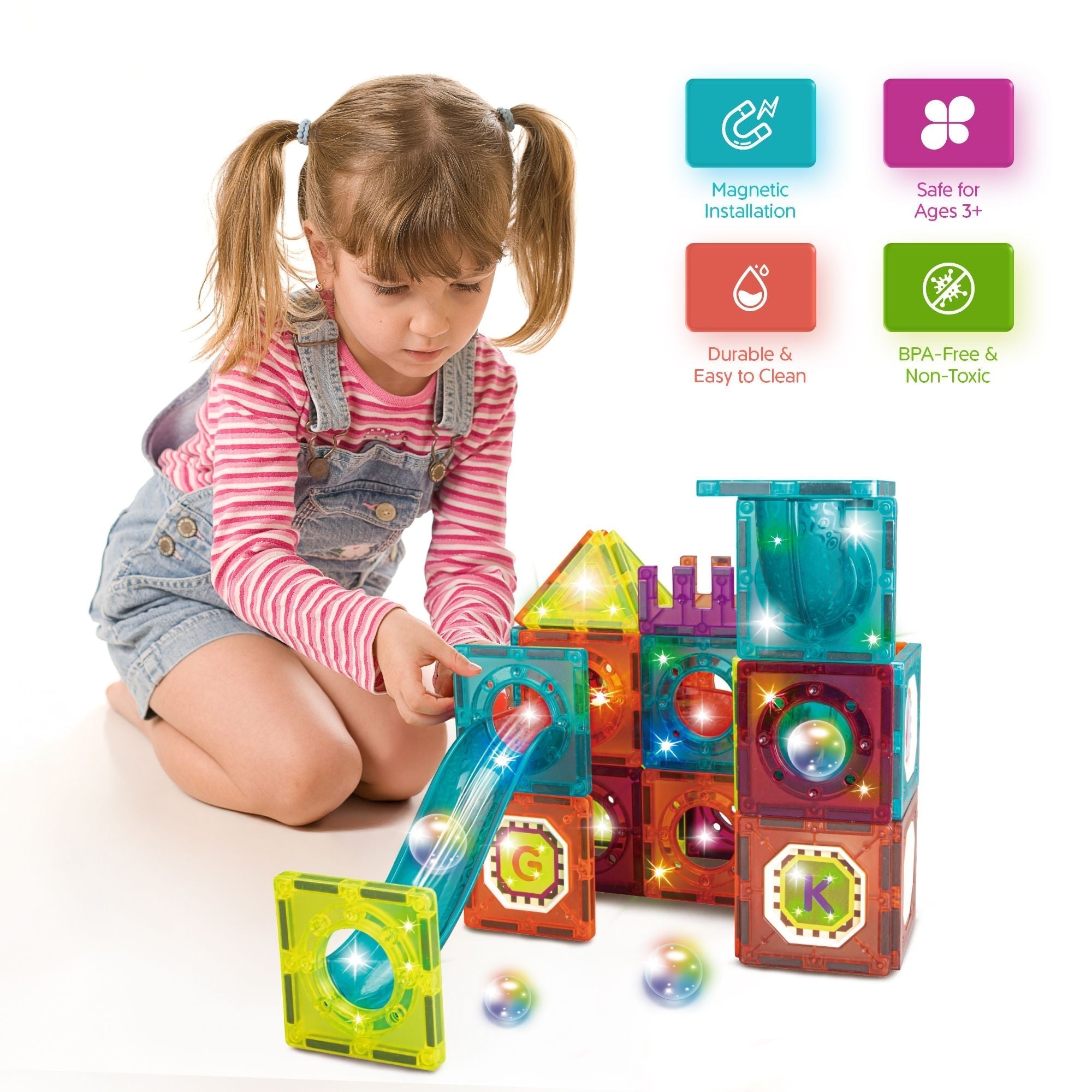 Contixo ST15 65-Piece Marble Track Magnetic Tile Set, Glow-in-the-Dark, STEM Building Blocks for Ages 3+-thumbmail-4