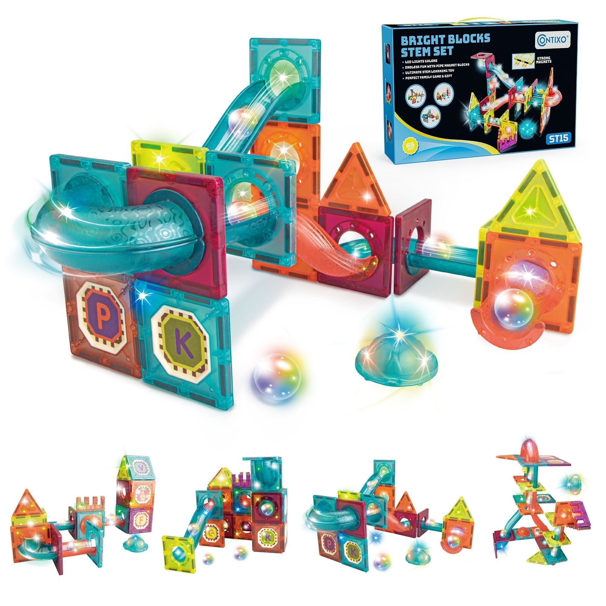 Contixo ST15 65-Piece Marble Track Magnetic Tile Set, Glow-in-the-Dark, STEM Building Blocks for Ages 3+-thumbmail-1