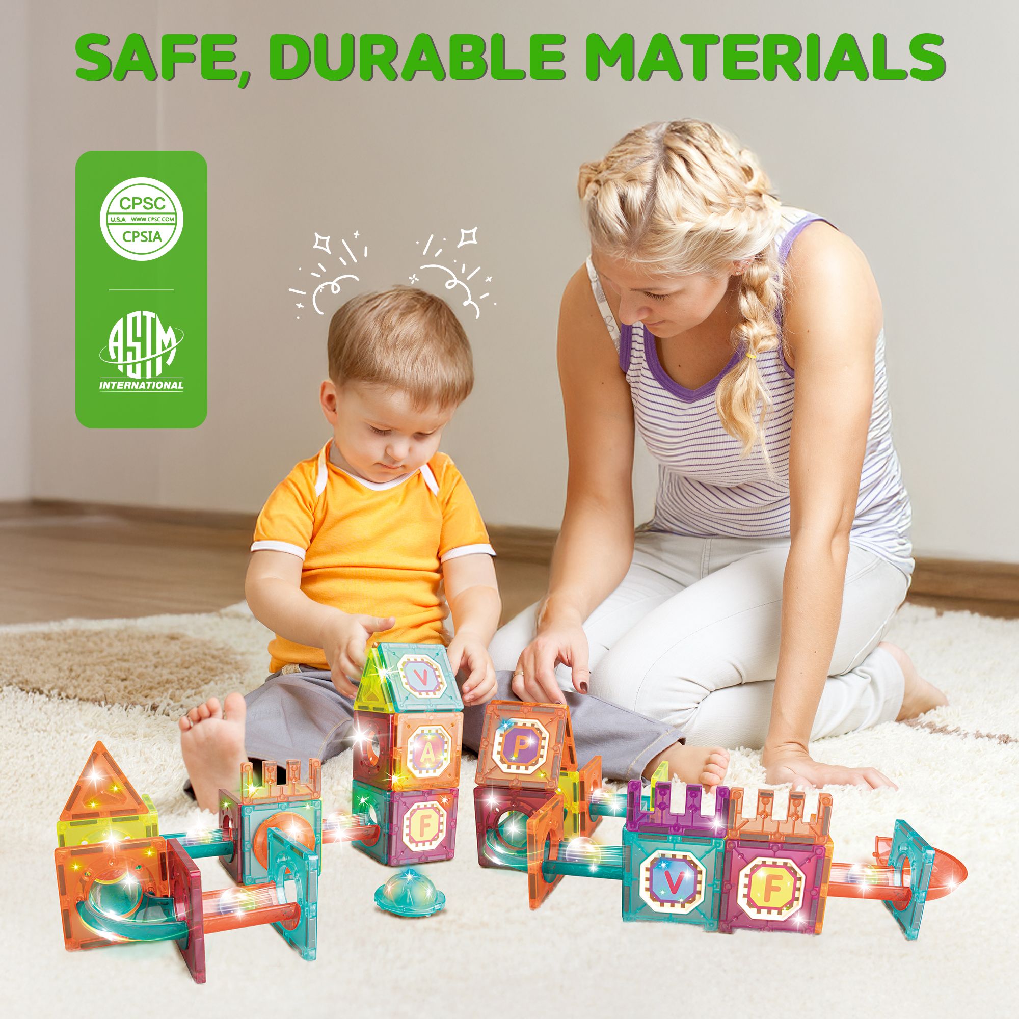 Contixo ST15 65-Piece Marble Track Magnetic Tile Set, Glow-in-the-Dark, STEM Building Blocks for Ages 3+-thumbmail-5