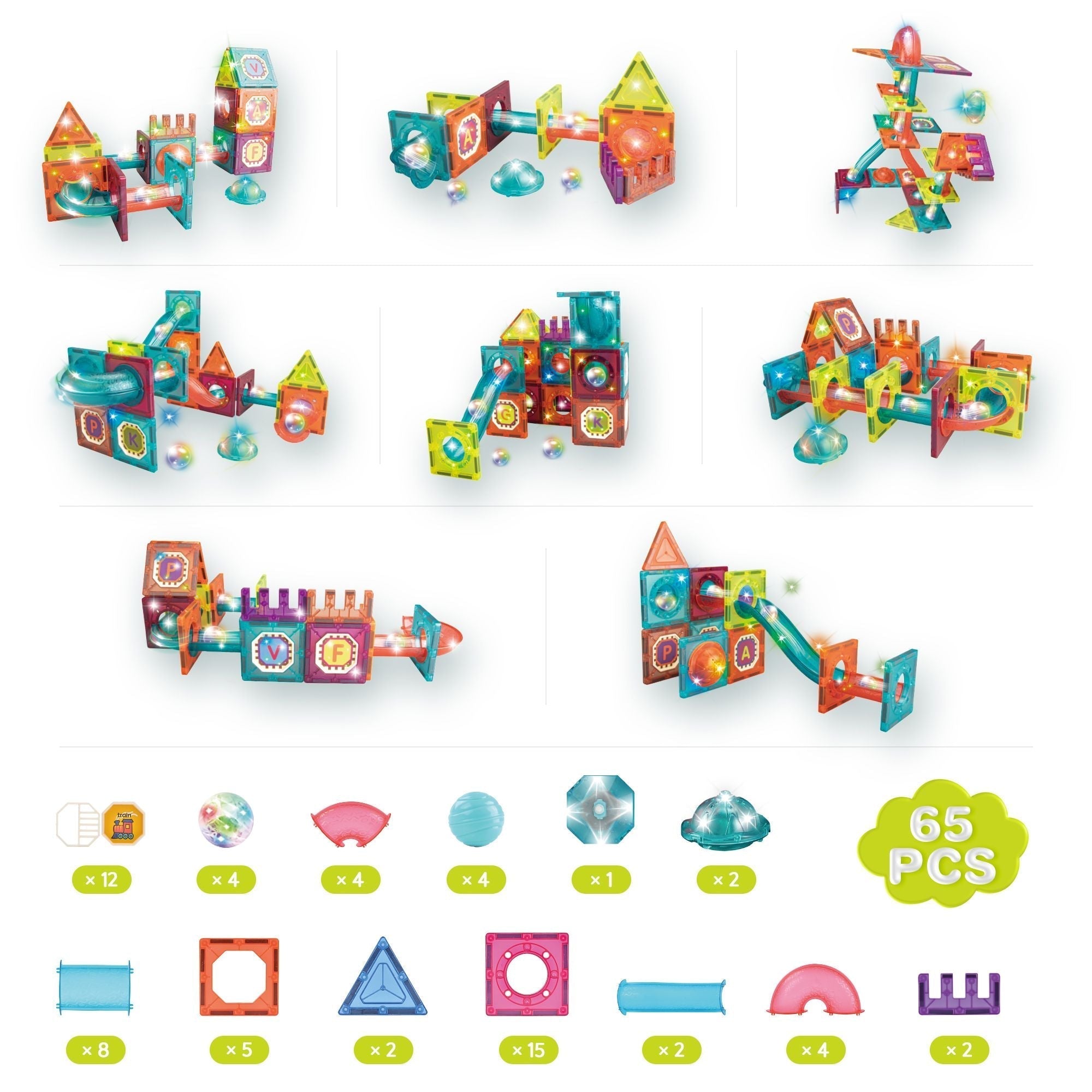 Contixo ST15 65-Piece Marble Track Magnetic Tile Set, Glow-in-the-Dark, STEM Building Blocks for Ages 3+-thumbmail-6