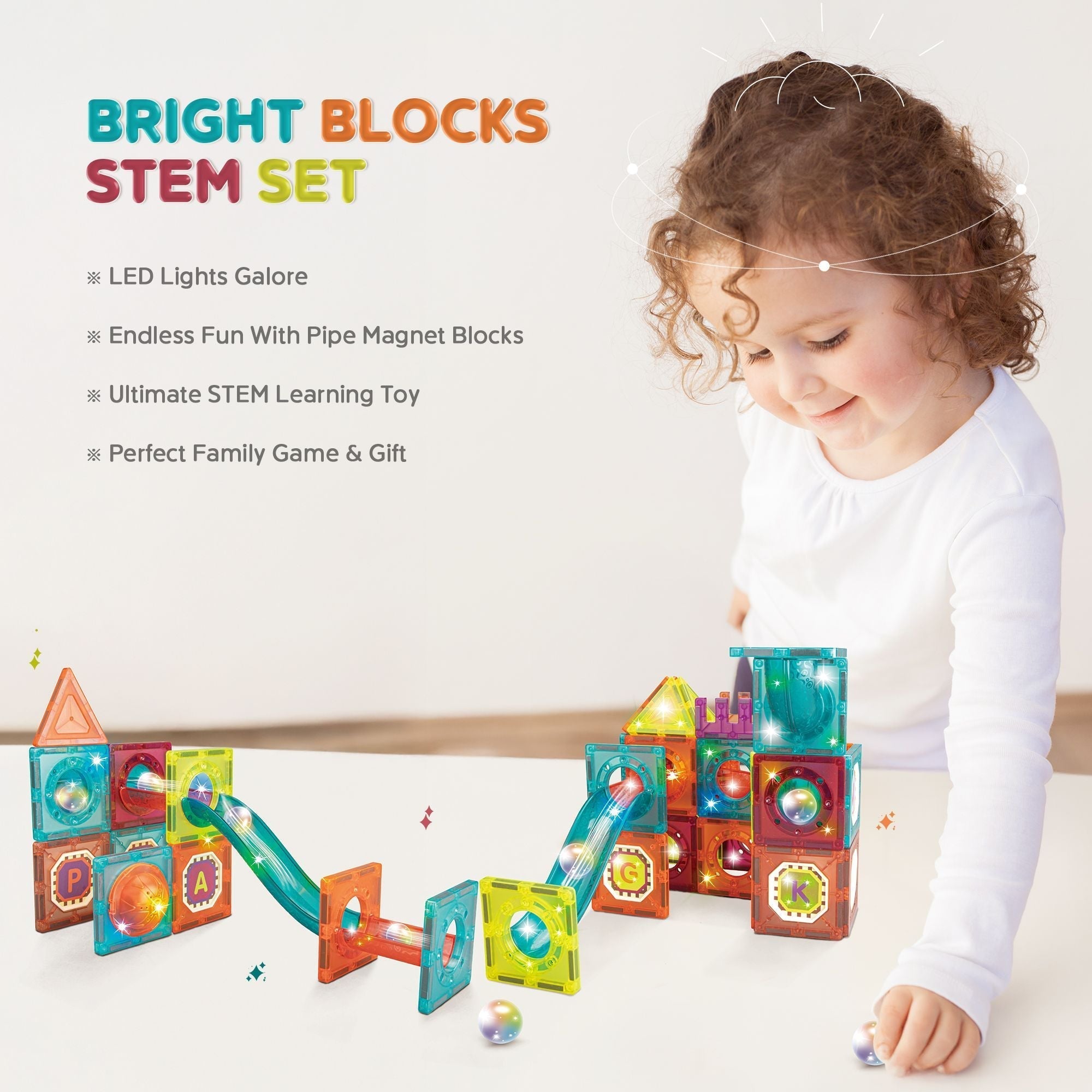 Contixo ST15 65-Piece Marble Track Magnetic Tile Set, Glow-in-the-Dark, STEM Building Blocks for Ages 3+-thumbmail-2