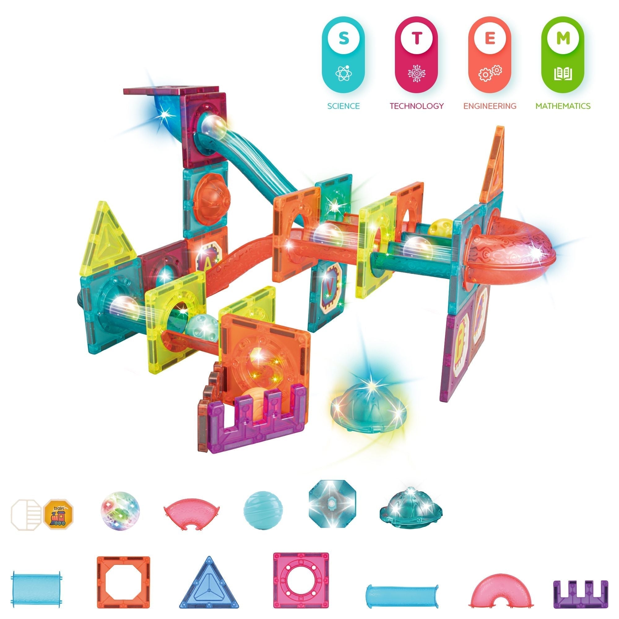 Contixo ST15 65-Piece Marble Track Magnetic Tile Set, Glow-in-the-Dark, STEM Building Blocks for Ages 3+-thumbmail-3
