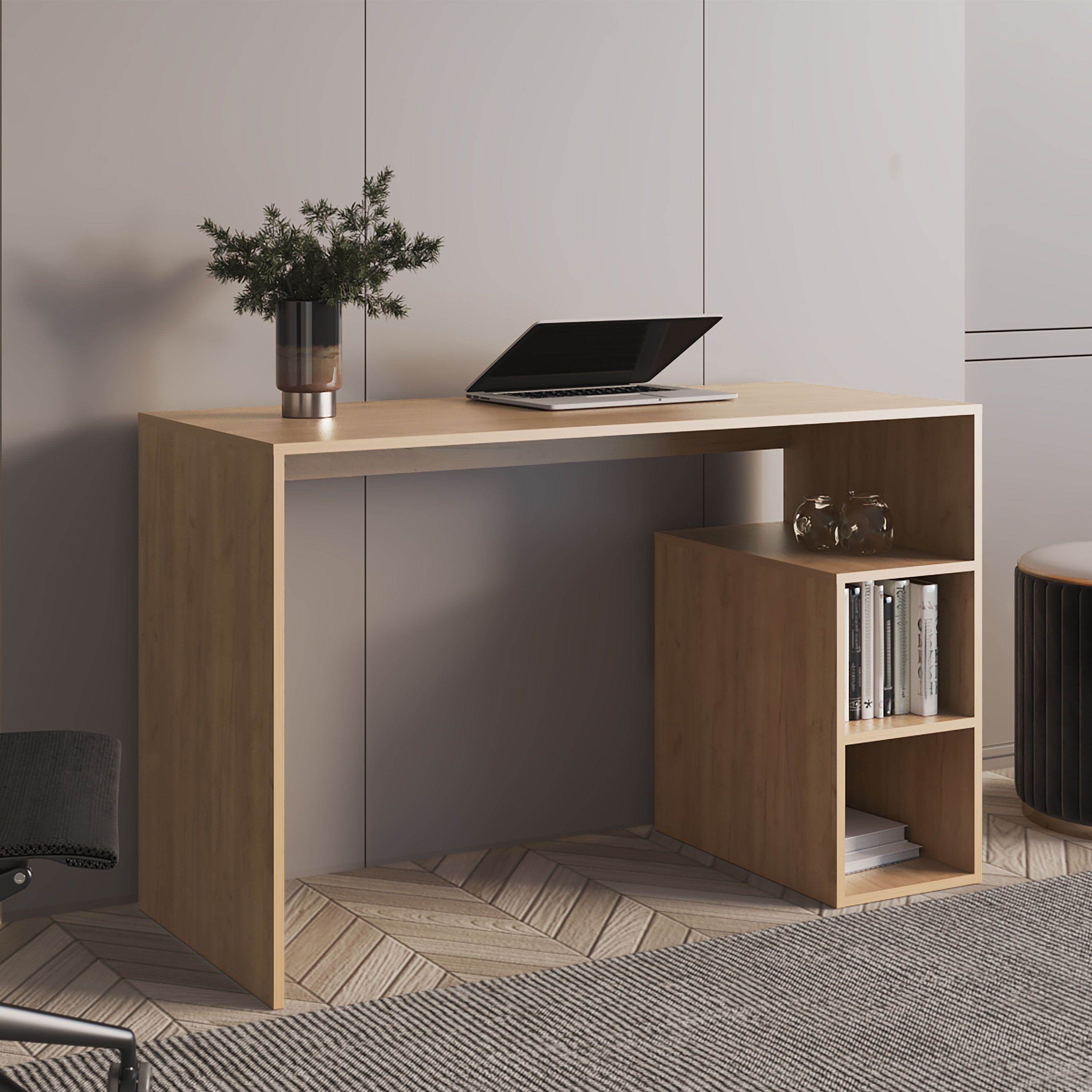 Solid 47' Natural Oak Wide Four Shelves Office Desk-thumbmail-3