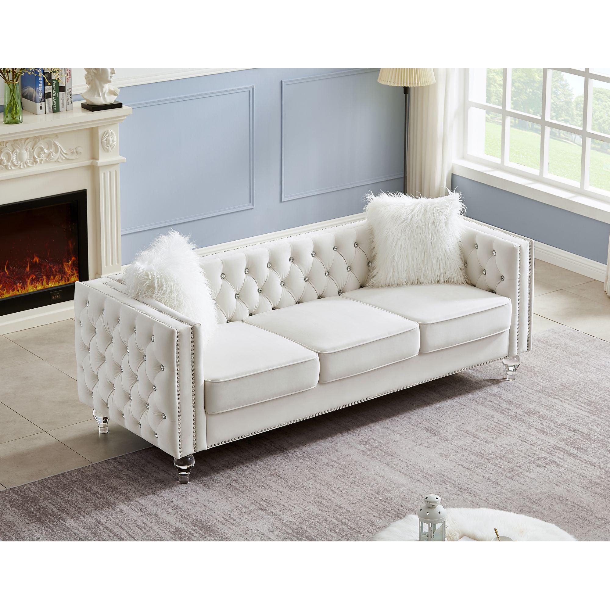 Velvet Upholstery Tufted Sofa Crystal Feet Removable Cushion-thumbmail-8