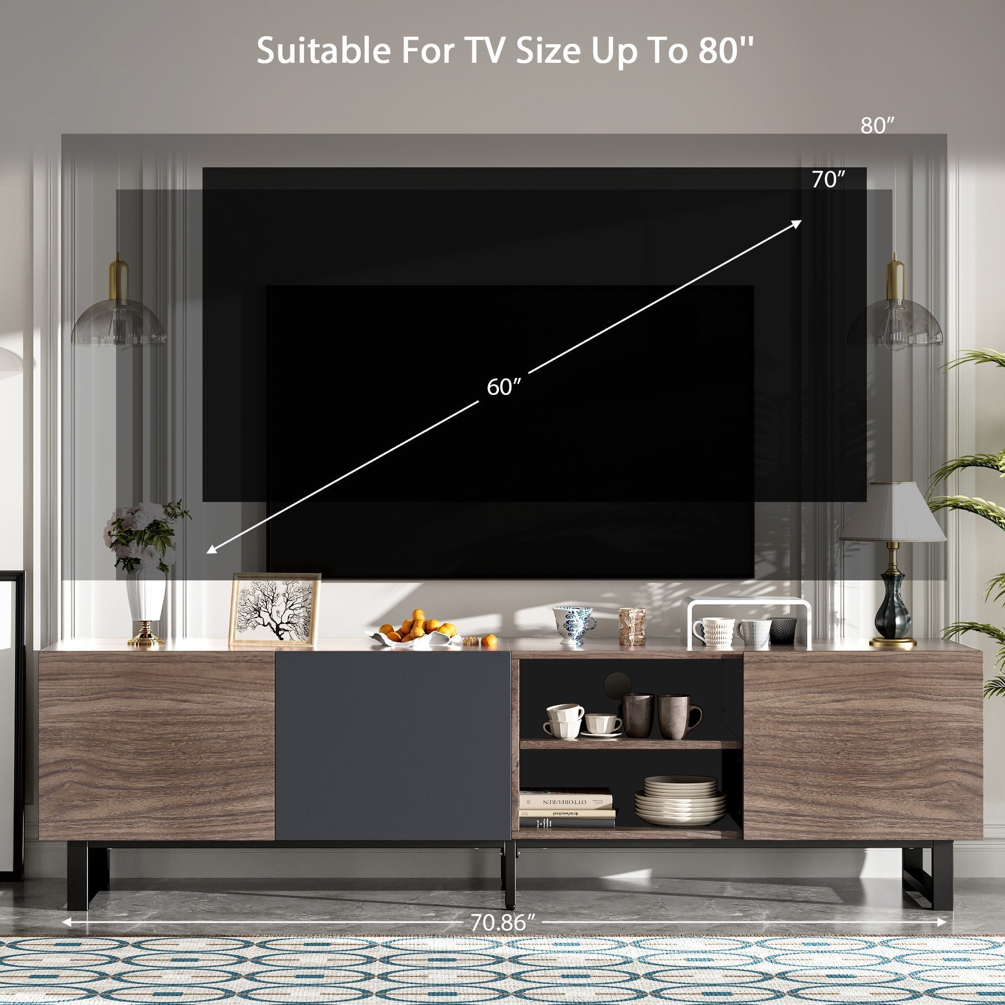 Modern TV Stand With 3 Cabinets & Open Shelves-thumbmail-9
