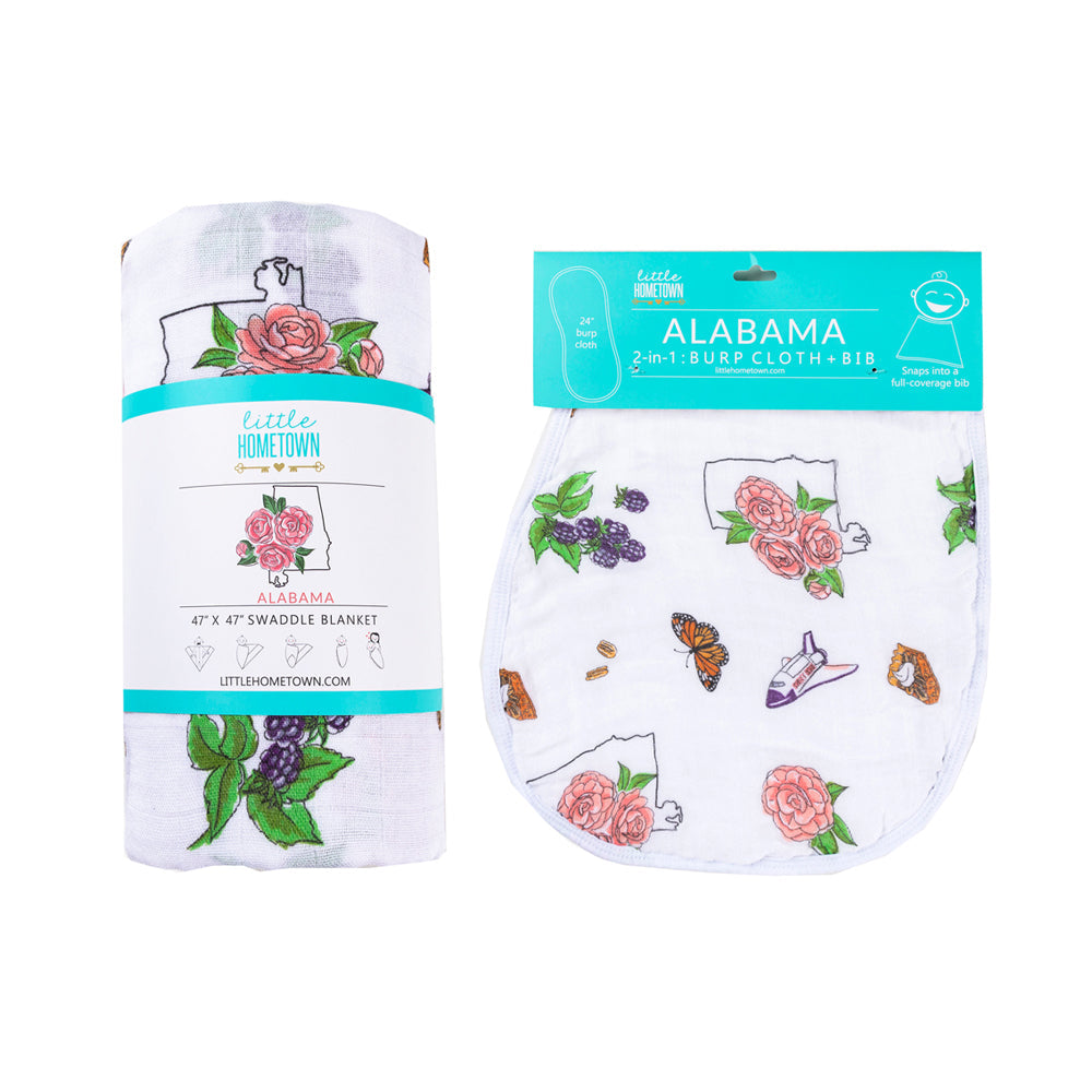 Gift Set: Alabama Floral Baby Muslin Swaddle Blanket and Burp Cloth/Bib Combo-thumbmail-2