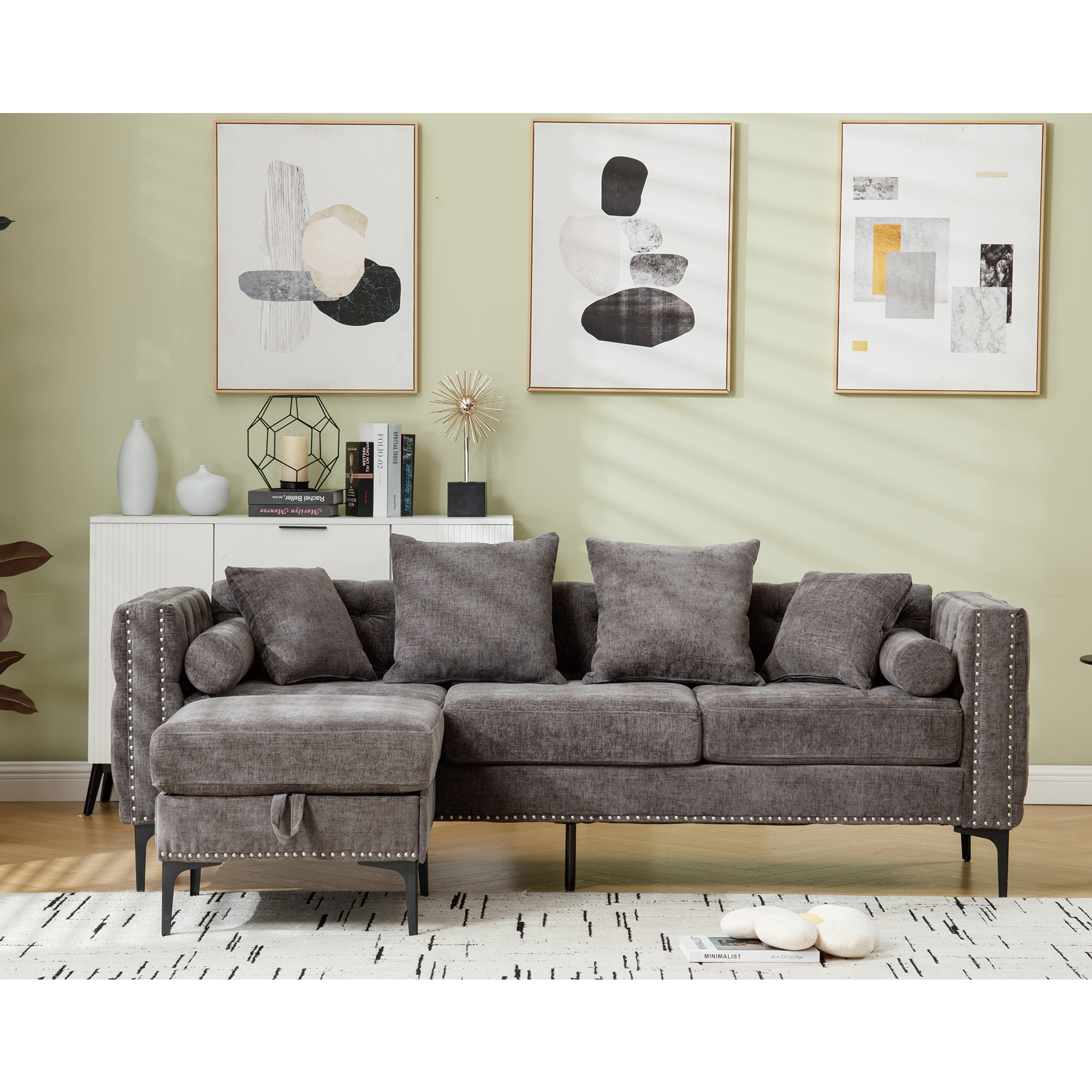 L Shaped Sectional Convertible Sofa With Storage Ottoman and Modern Tufted Style-thumbmail-5