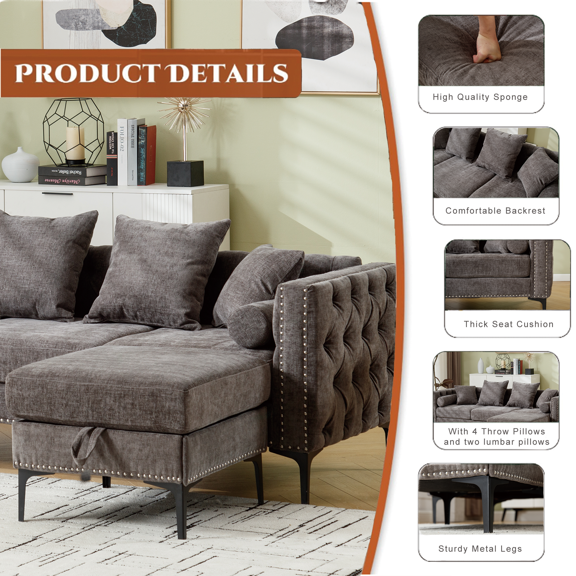 L Shaped Sectional Convertible Sofa With Storage Ottoman and Modern Tufted Style-thumbmail-9