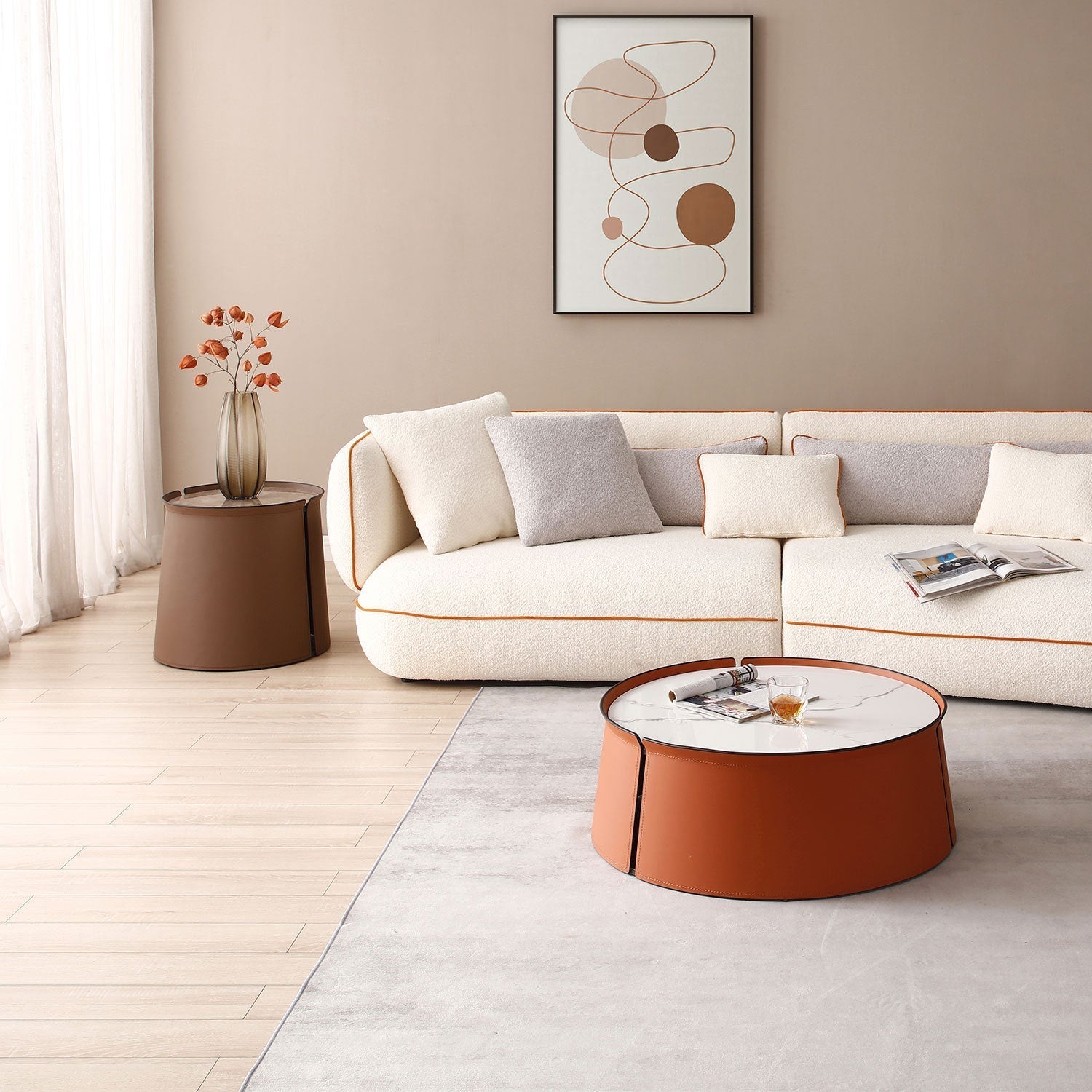 31.5" Coffee Table, Marble Top and Orange Saddle Leather Body-thumbmail-1