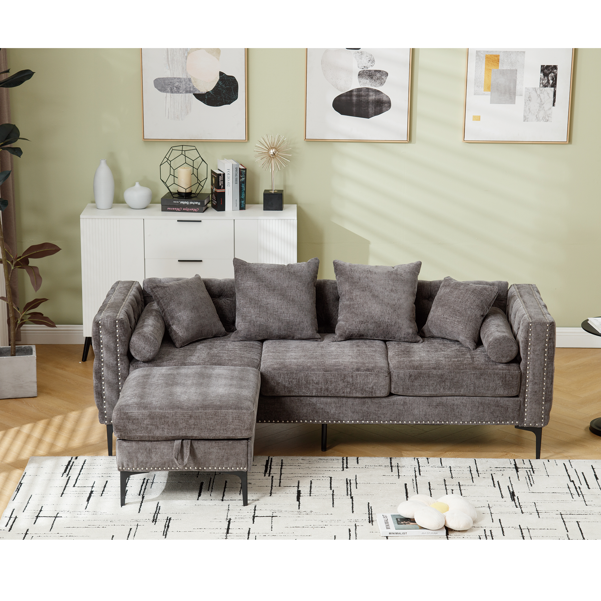 L Shaped Sectional Convertible Sofa With Storage Ottoman and Modern Tufted Style-thumbmail-3