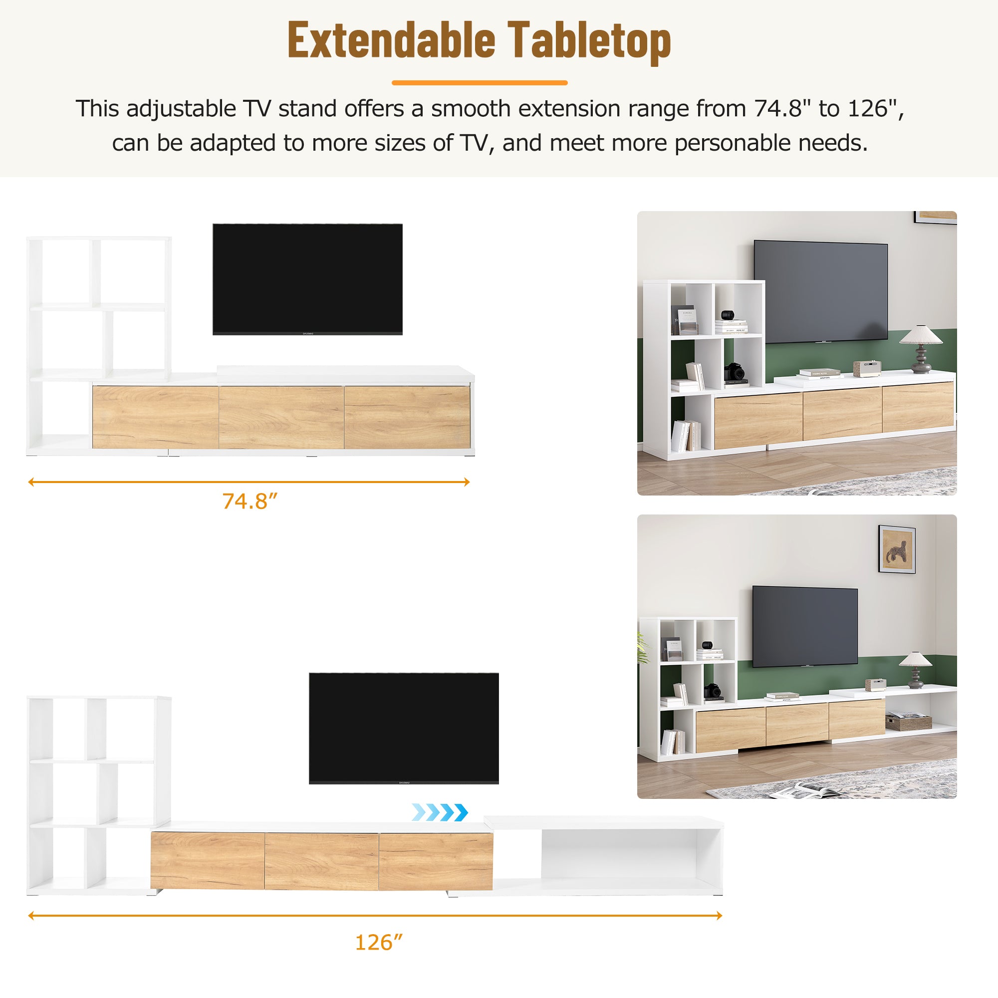 Extendable TV Stand With 3 Tier Bookshelves-thumbmail-8