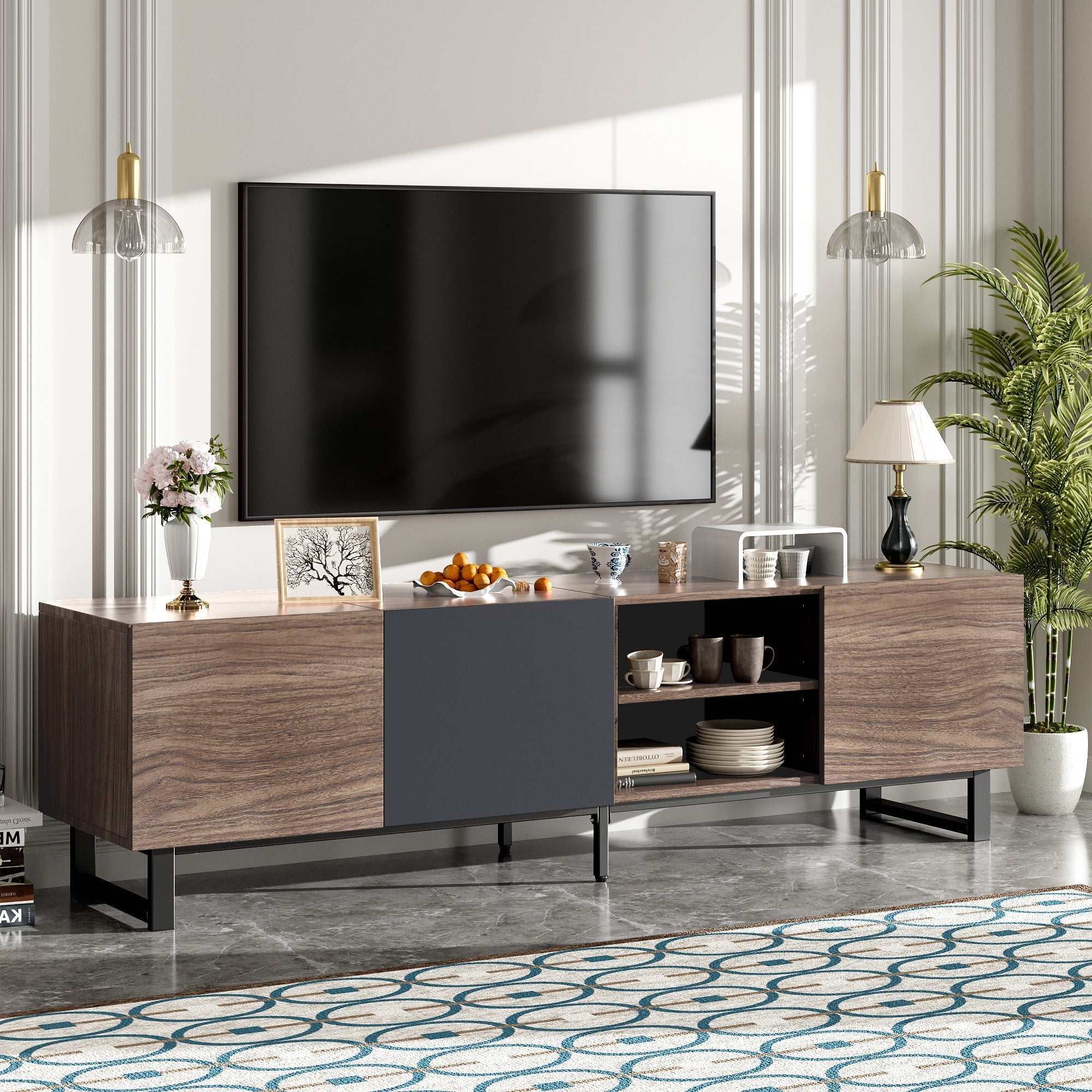 Modern TV Stand With 3 Cabinets & Open Shelves-thumbmail-10