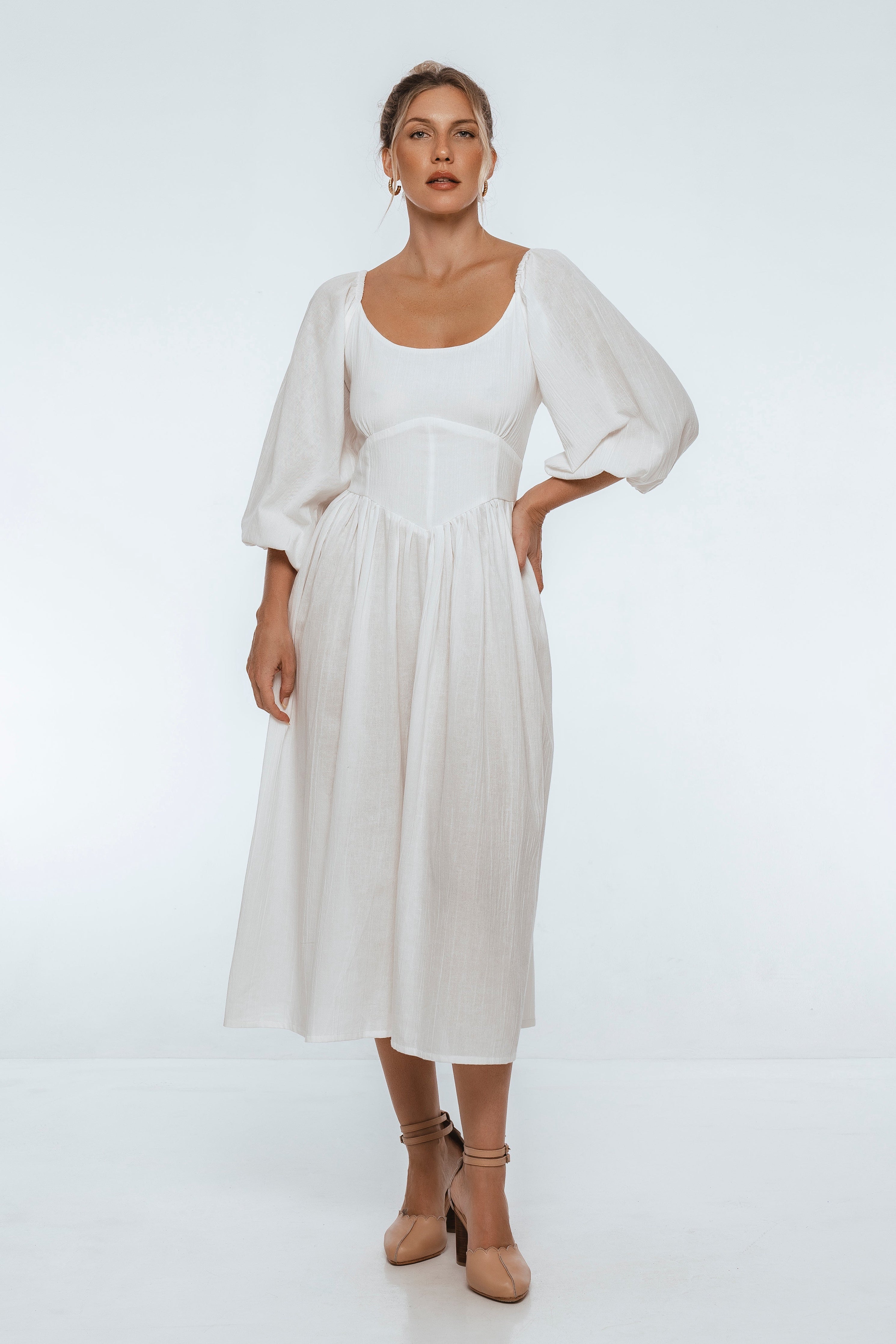 Genevieve Puff Sleeve Midi Dress-thumbmail-1