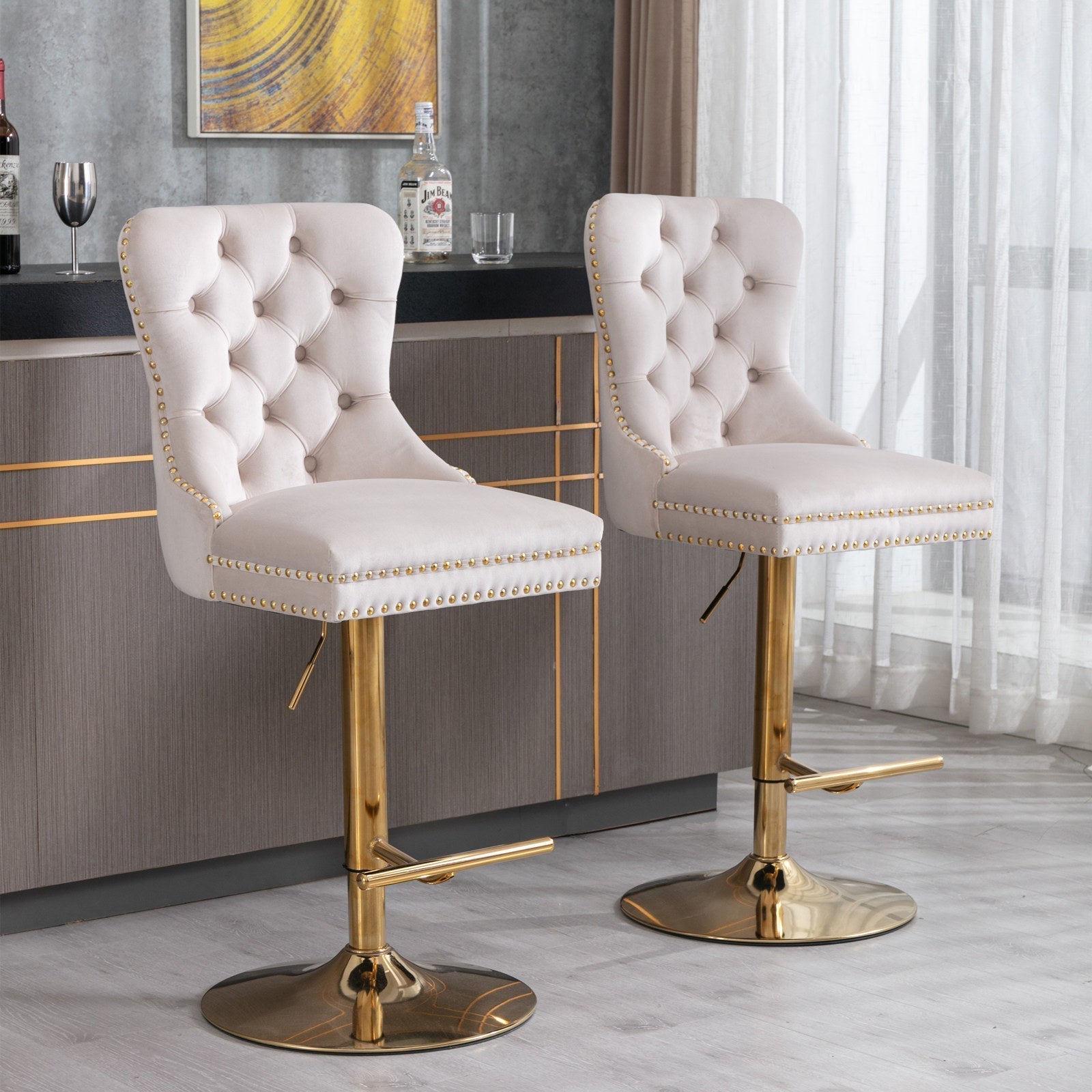 Set of 2 Thick Golden Swivel Velvet Barstools-thumbmail-5