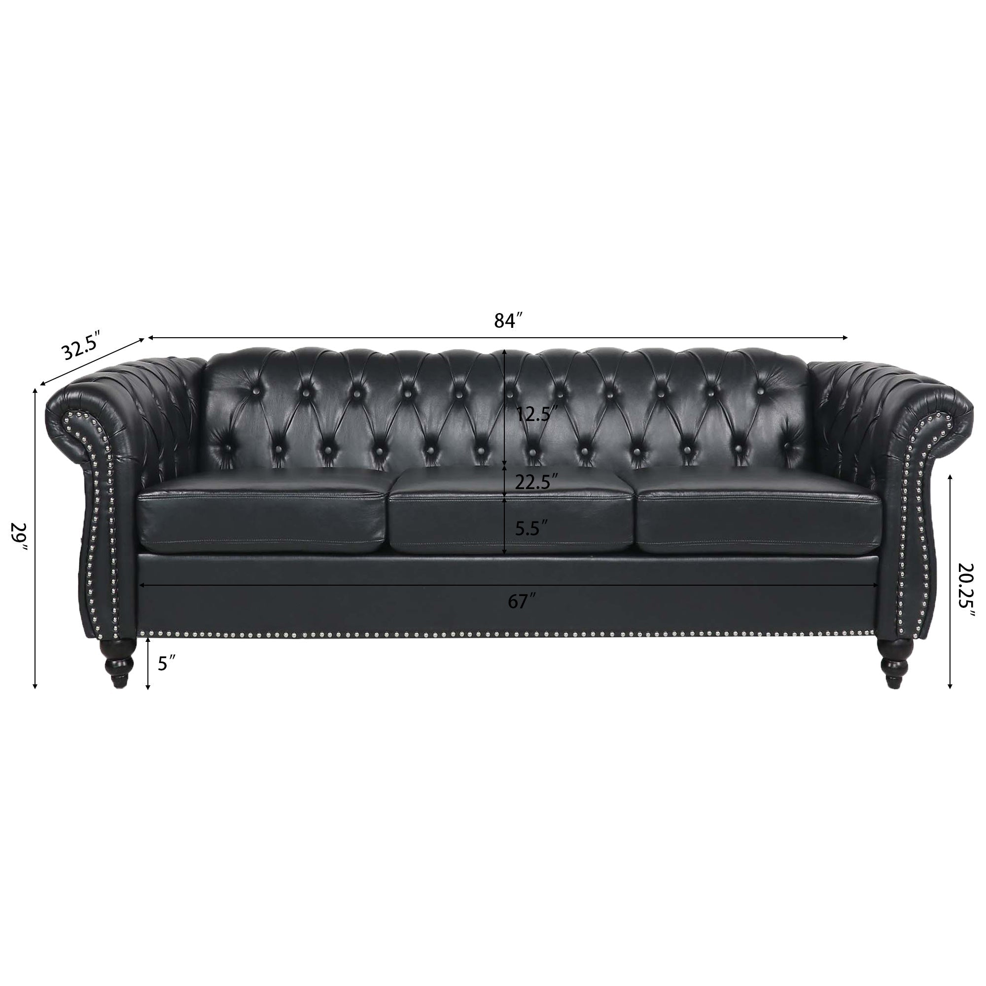 Black PU Rolled Arm Chesterfield Three Seater Sofa-thumbmail-10