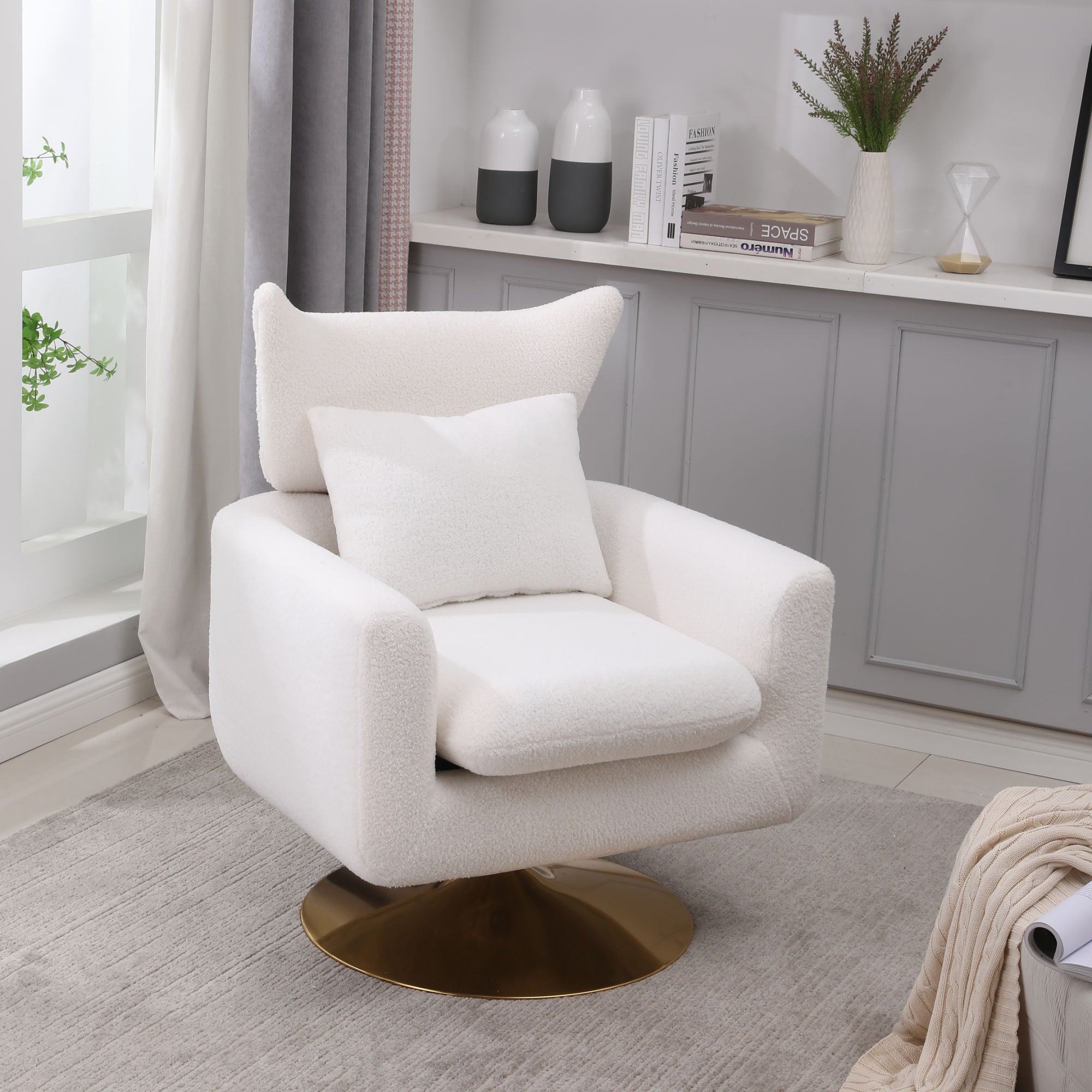 Classic Mid-Century 360-Degree Swivel Accent Chair, White Teddy Fabric-thumbmail-7
