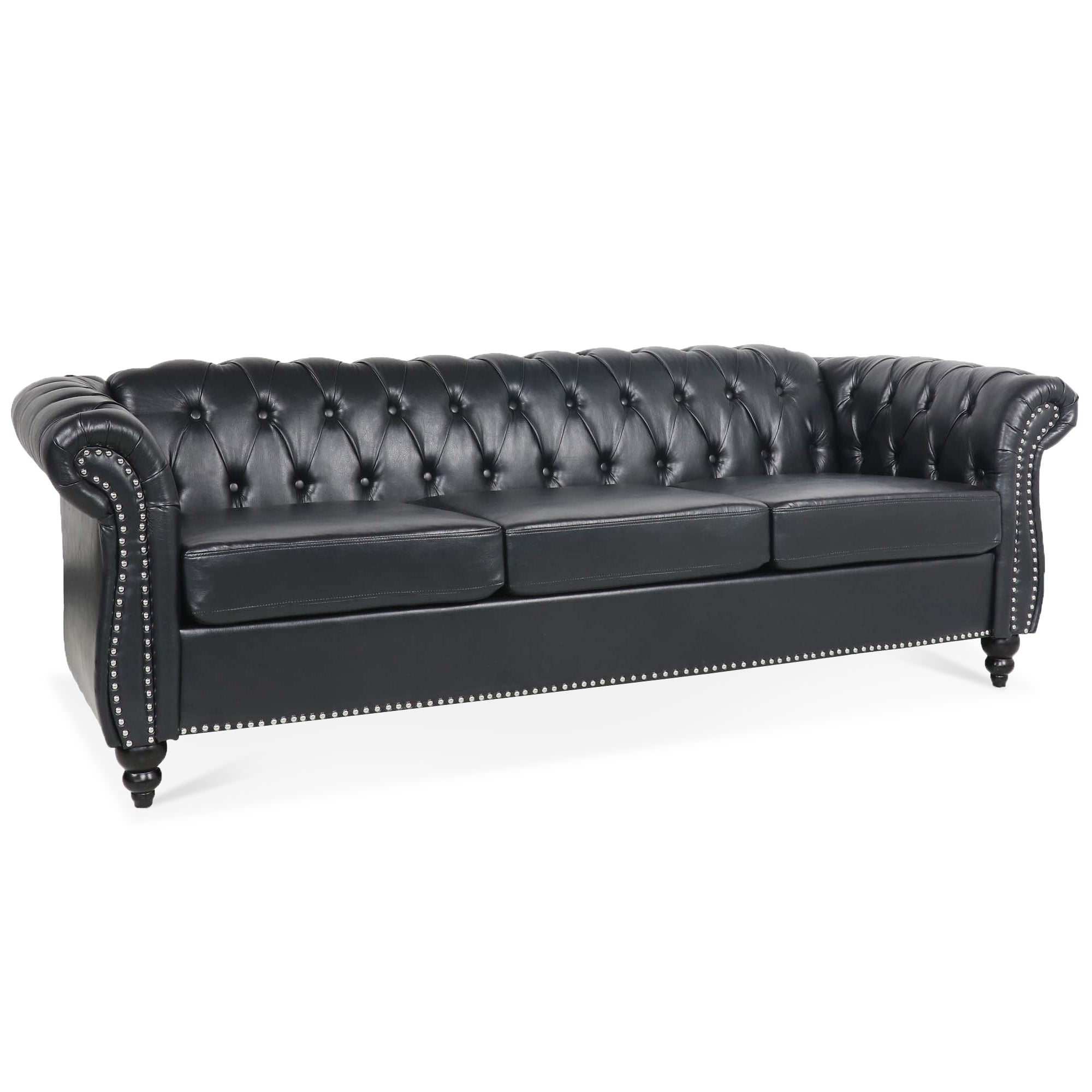 Black PU Rolled Arm Chesterfield Three Seater Sofa-thumbmail-9