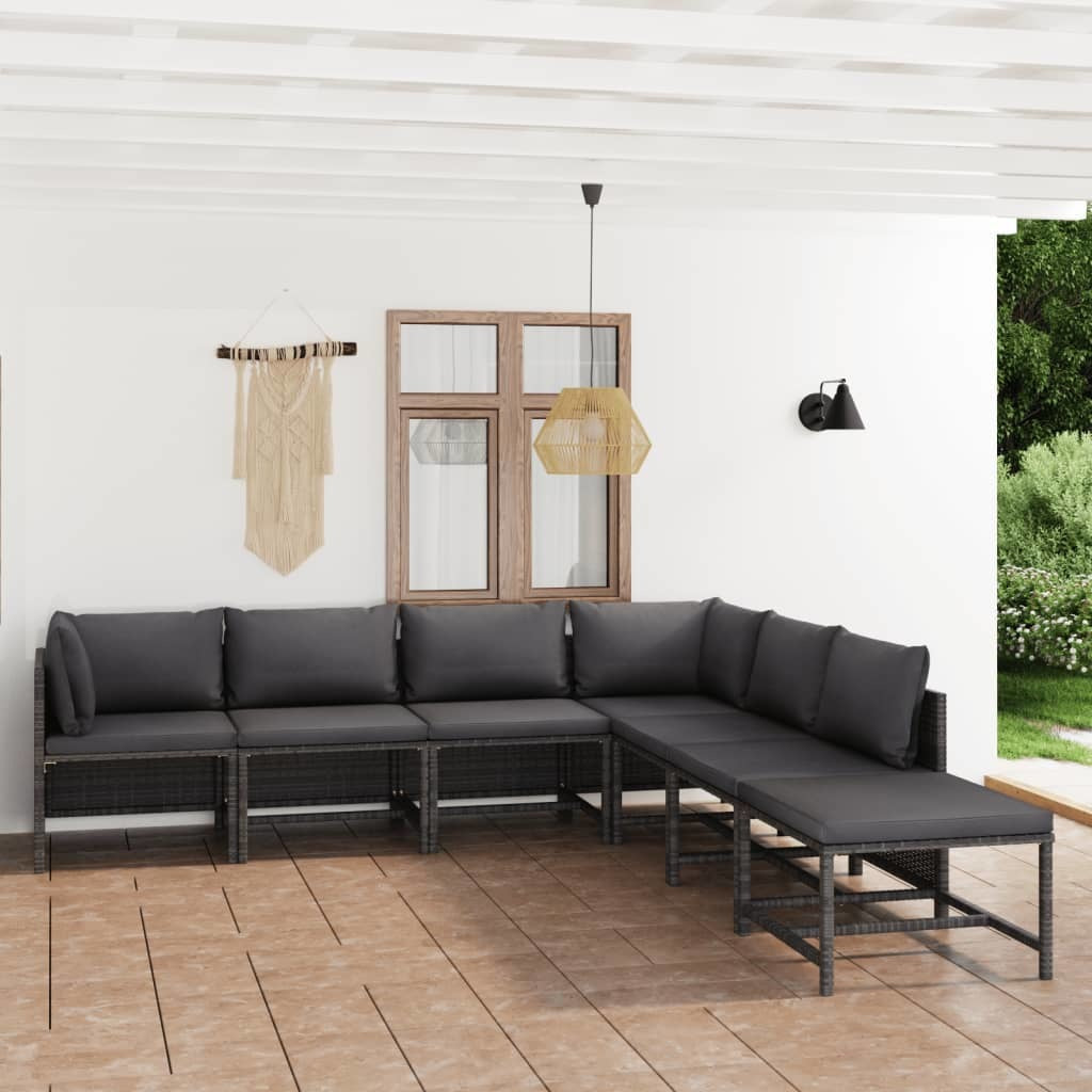 7 Piece Patio Lounge Set With Cushions Poly Rattan Gray-thumbmail-1