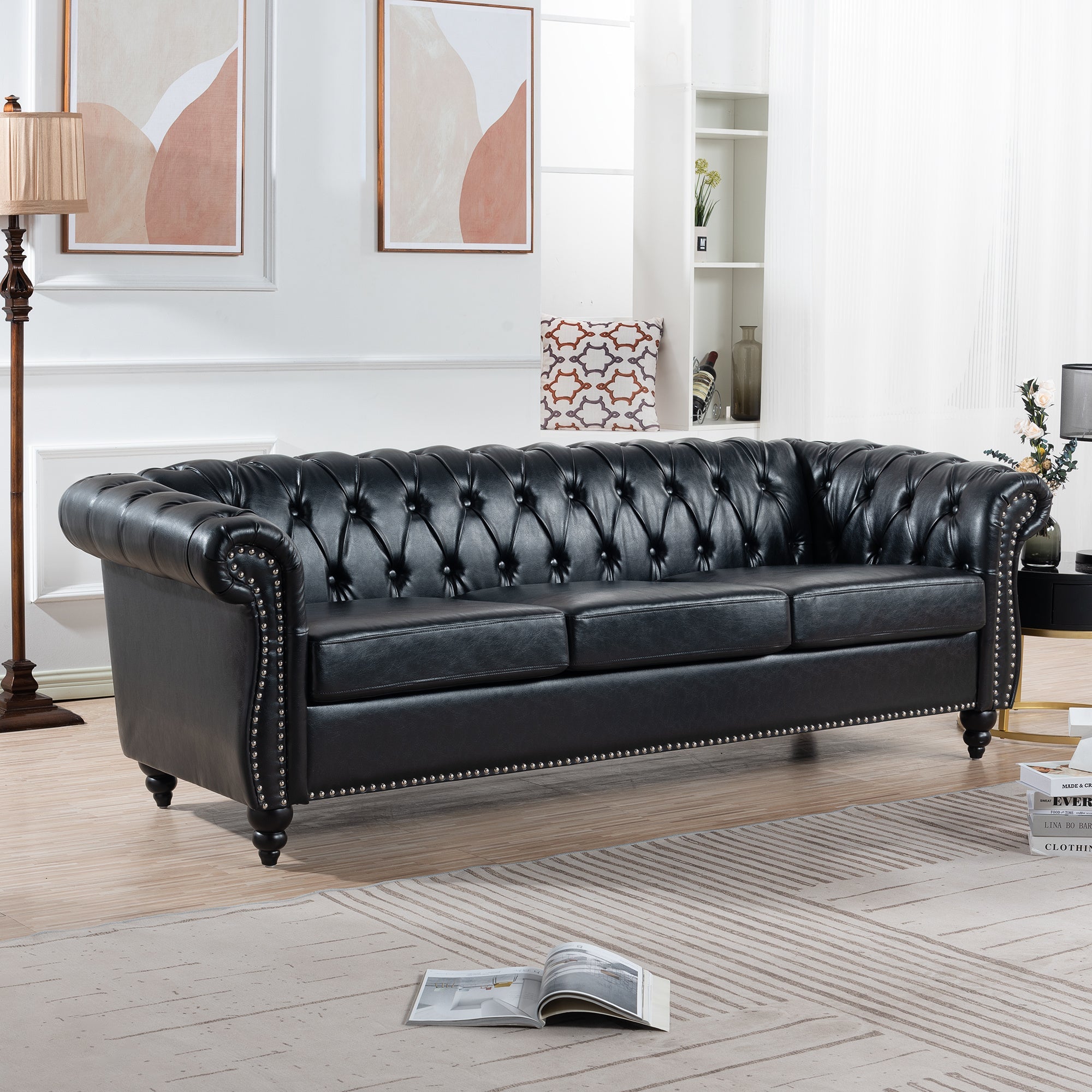Black PU Rolled Arm Chesterfield Three Seater Sofa-thumbmail-1