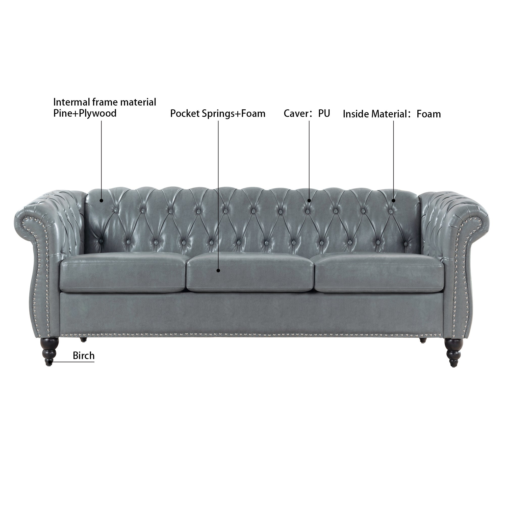 Rolled Arm Chesterfield 3 Seater Sofa-thumbmail-5