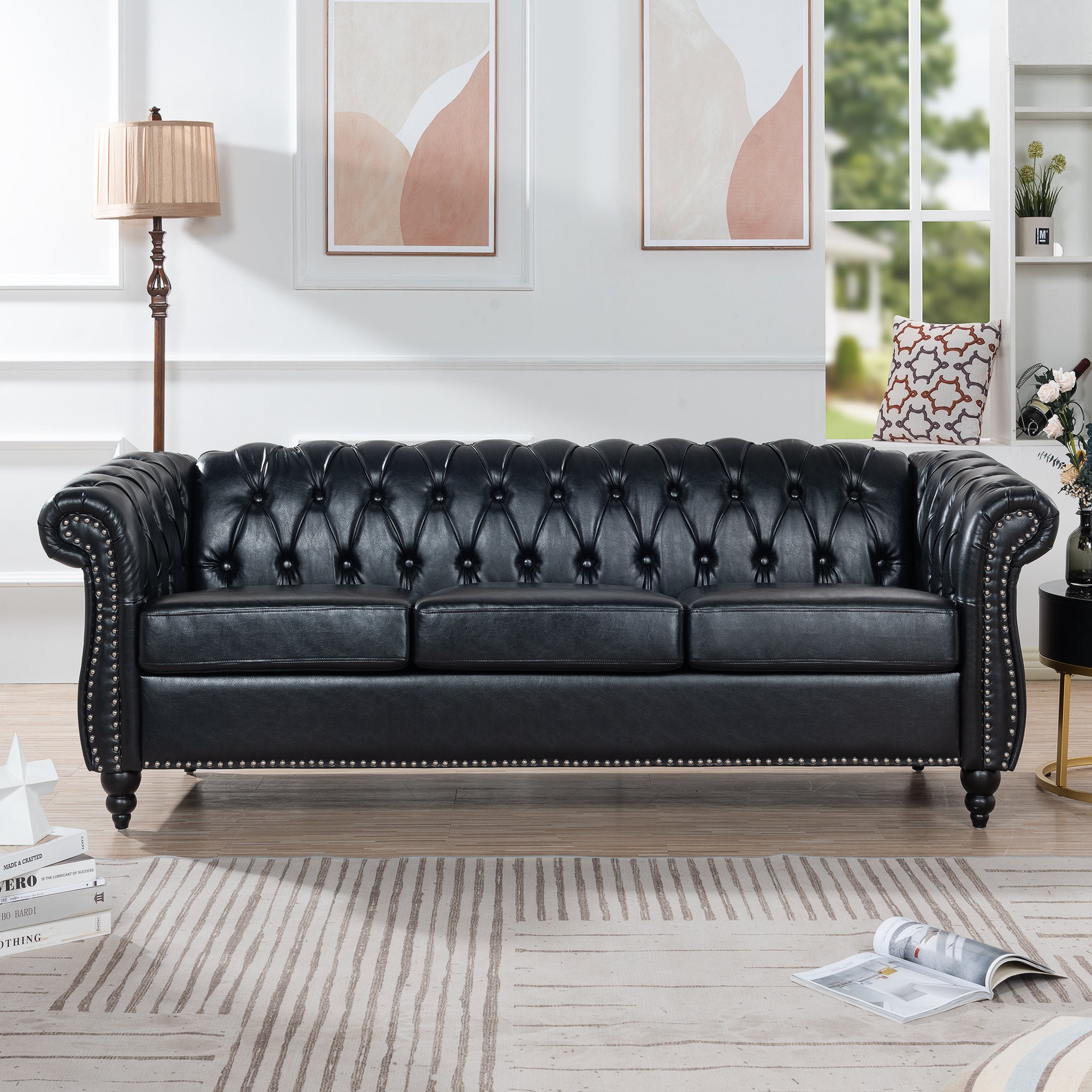 Black PU Rolled Arm Chesterfield Three Seater Sofa-thumbmail-8