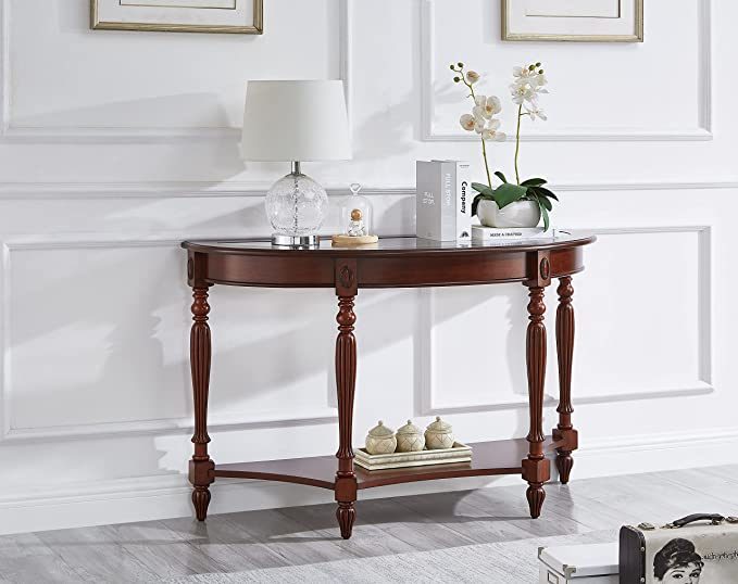 Half Moon Glass Top Oka Wood Console Table-thumbmail-1