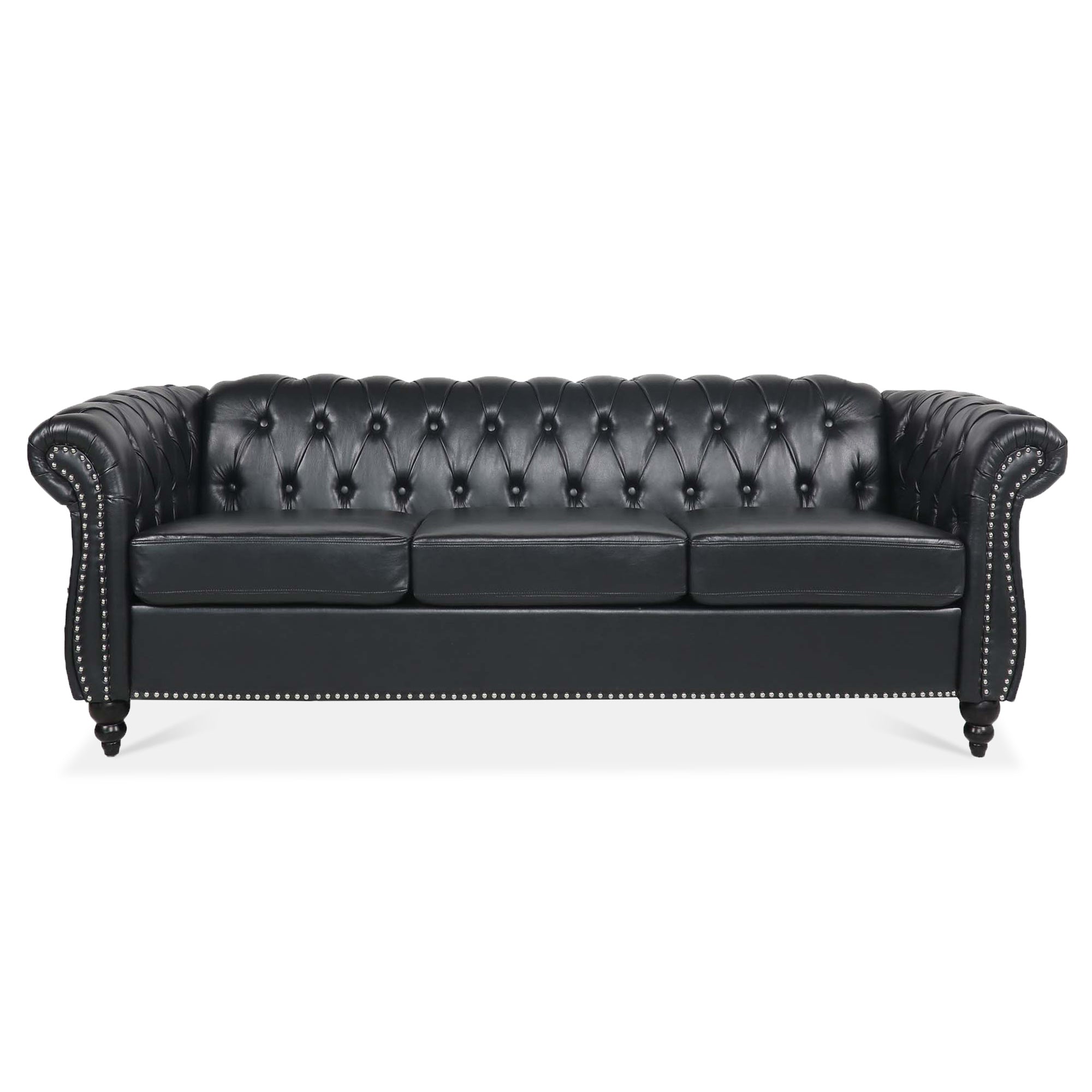 Black PU Rolled Arm Chesterfield Three Seater Sofa-thumbmail-2