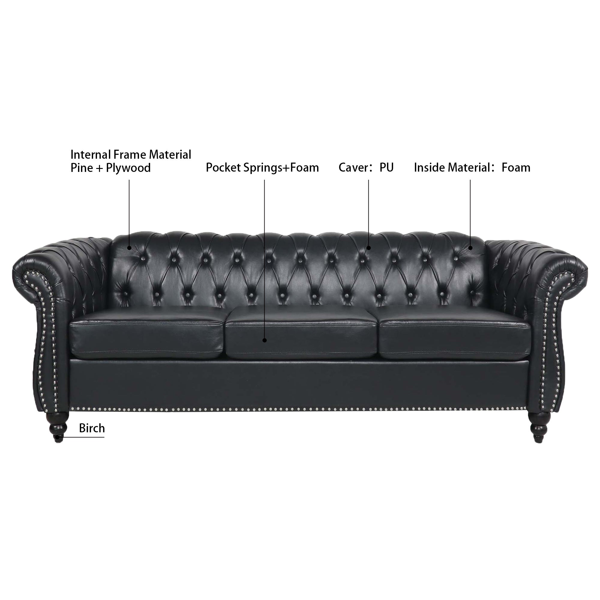 Black PU Rolled Arm Chesterfield Three Seater Sofa-thumbmail-6