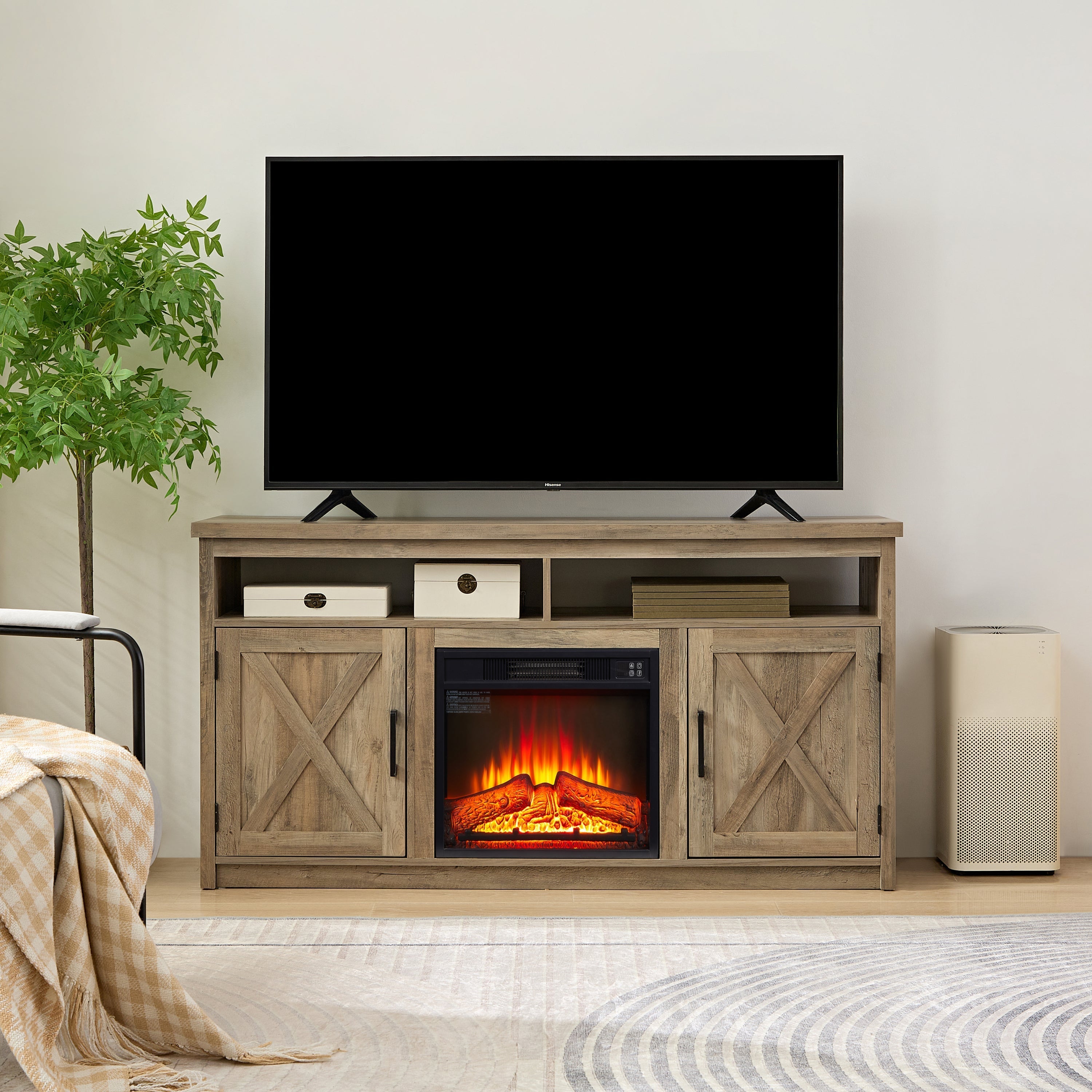Farmhouse TV Media Stand, Large Barn Inspired Home Entertainment Console, With 18' Fireplace-thumbmail-1