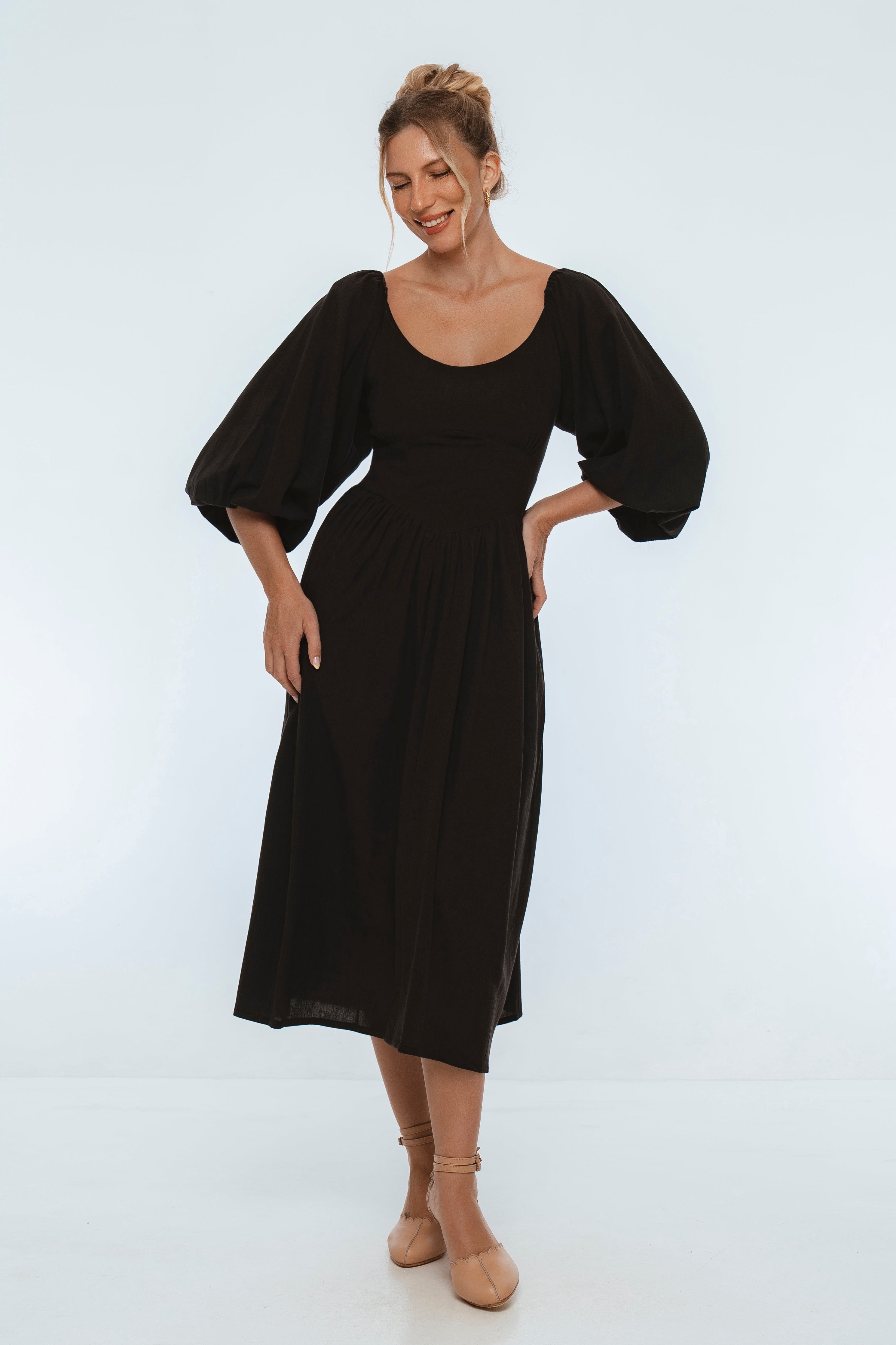 Genevieve Puff Sleeve Midi Dress-thumbmail-4