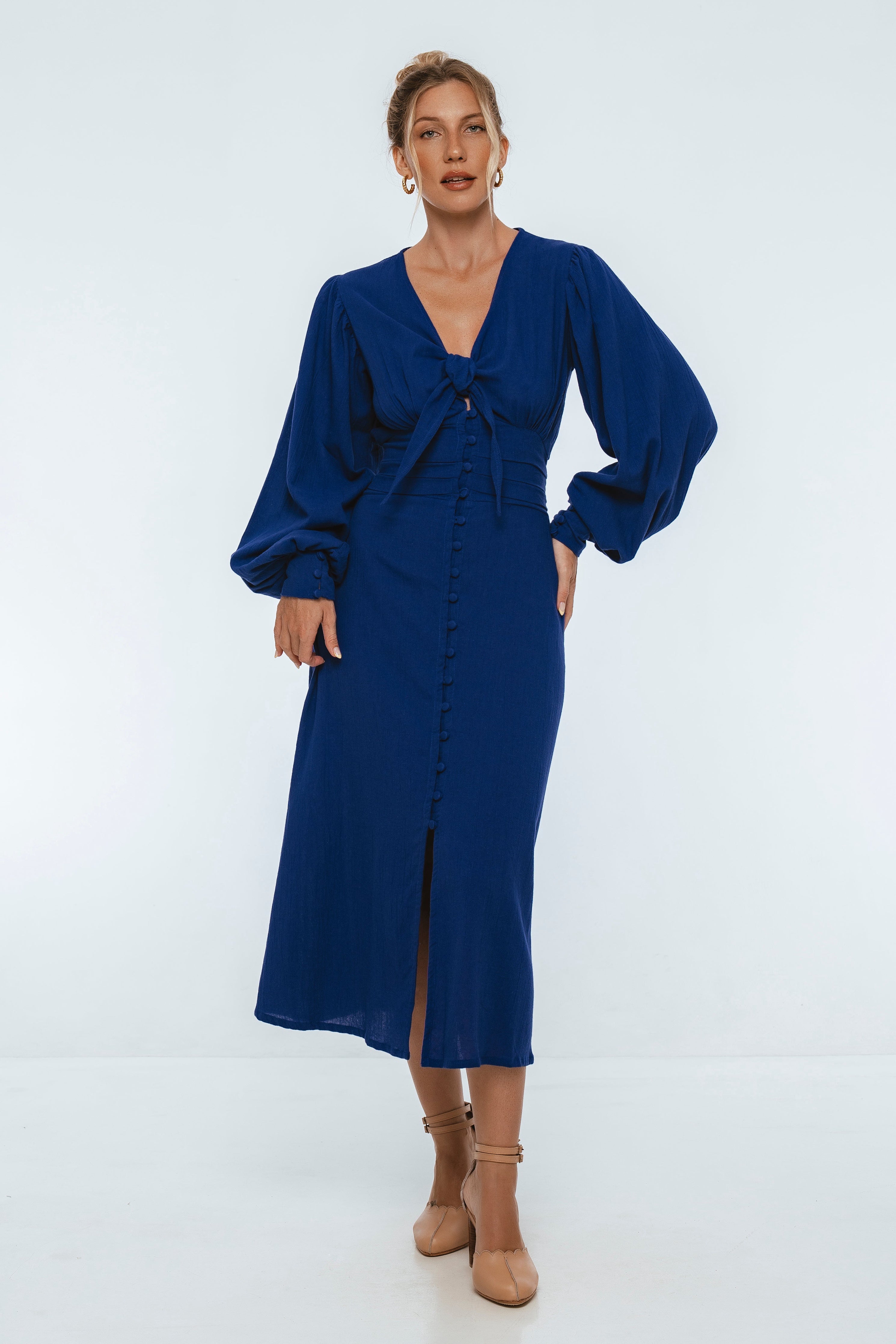 Velvet Sky Long Sleeve Linen Midi Dress-thumbmail-9