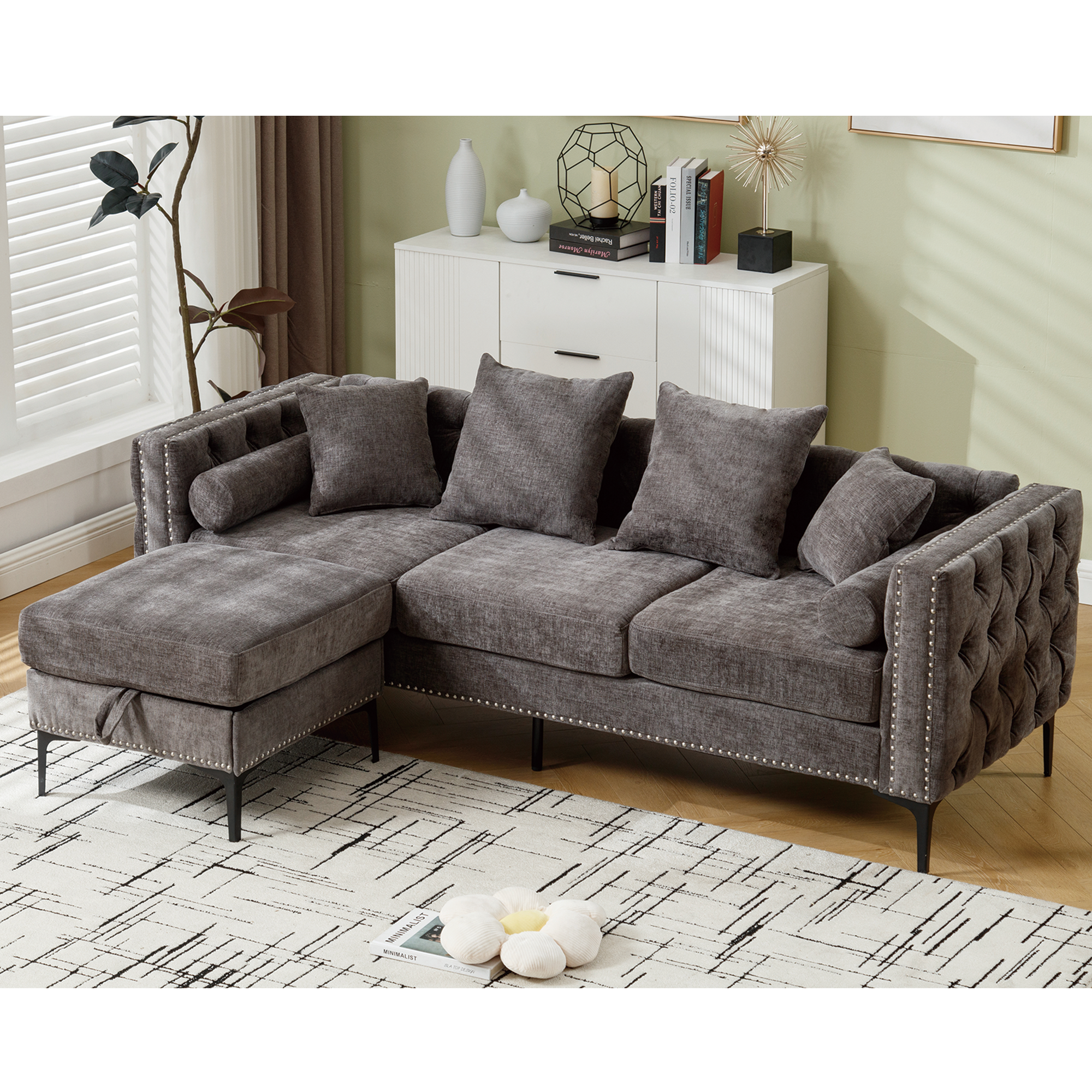 L Shaped Sectional Convertible Sofa With Storage Ottoman and Modern Tufted Style-thumbmail-2