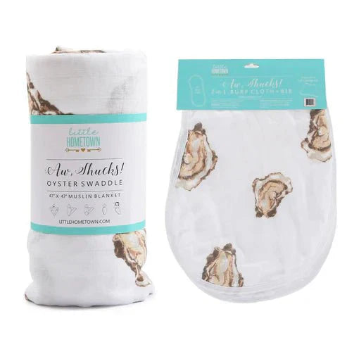 Gift Set: Aw Shucks! Oyster Baby Muslin Swaddle Blanket and Burp Cloth/Bib Combo-thumbmail-7
