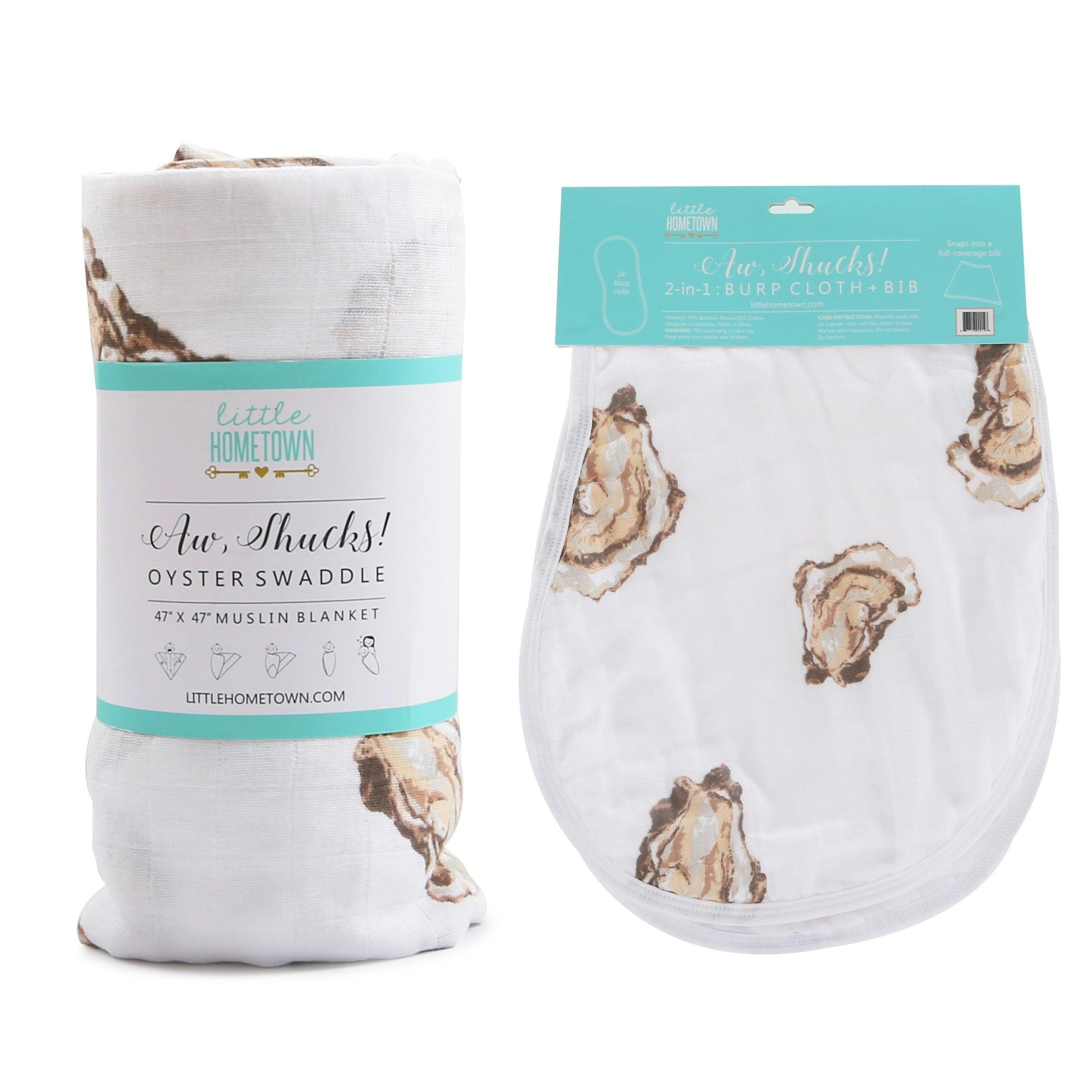 Gift Set: Aw Shucks! Oyster Baby Muslin Swaddle Blanket and Burp Cloth/Bib Combo-thumbmail-8