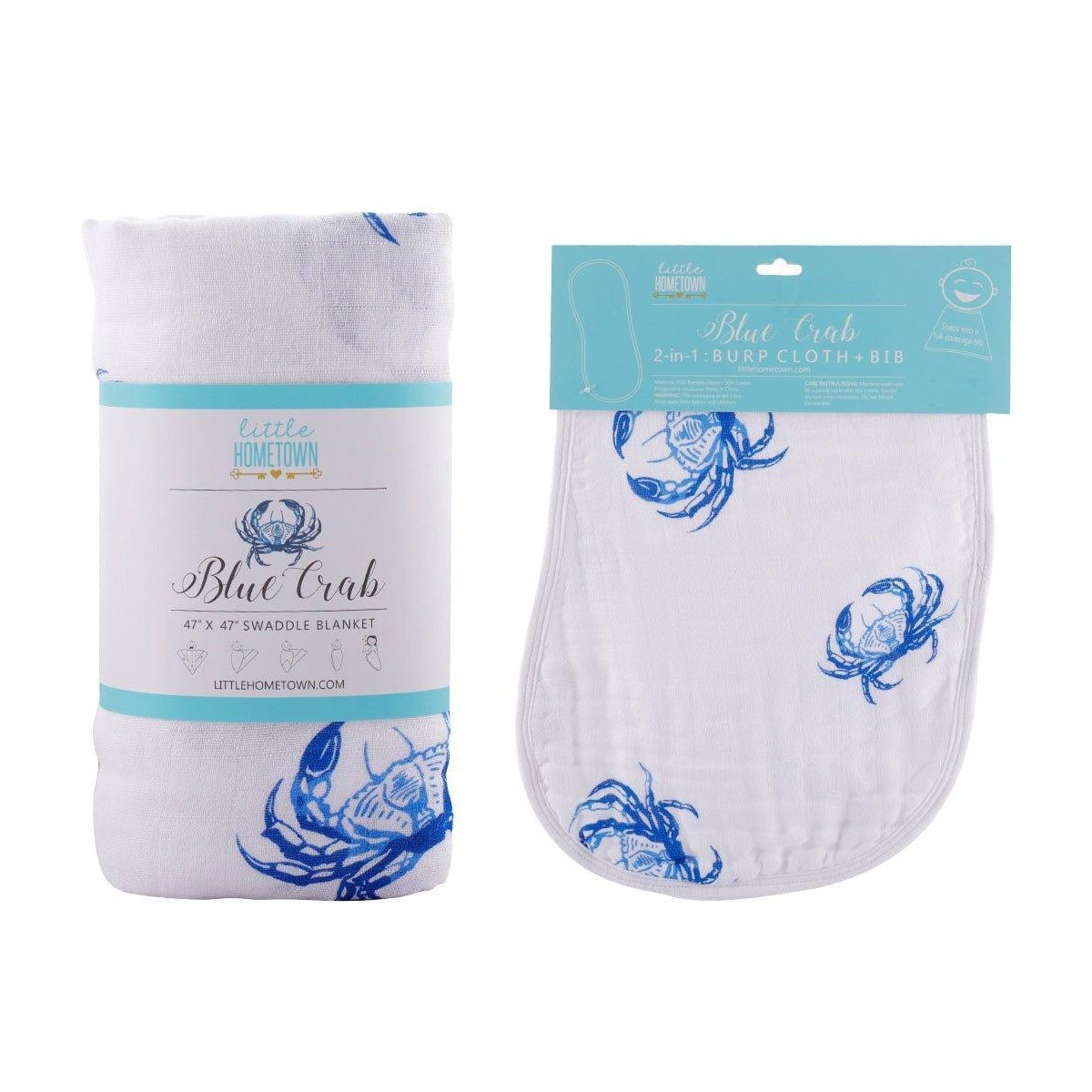 Gift Set: Blue Crab Baby Muslin Swaddle Blanket and Burp Cloth/Bib Combo-thumbmail-2