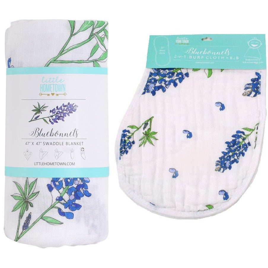 Gift Set: Bluebonnets Baby Muslin Swaddle Blanket and Burp Cloth/Bib Combo-thumbmail-4