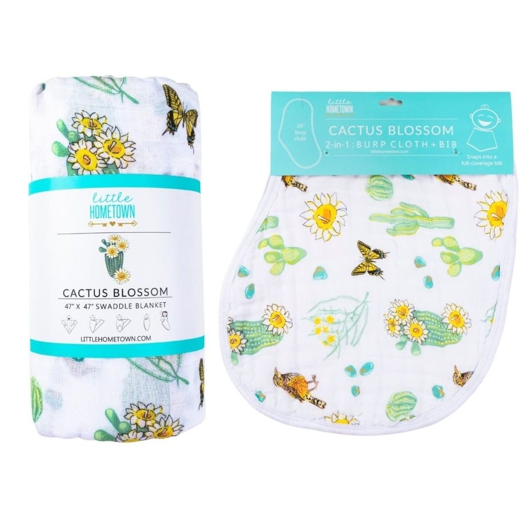 Gift Set: Cactus Blossom Baby Muslin Swaddle Blanket and Burp/Bib Combo-thumbmail-2