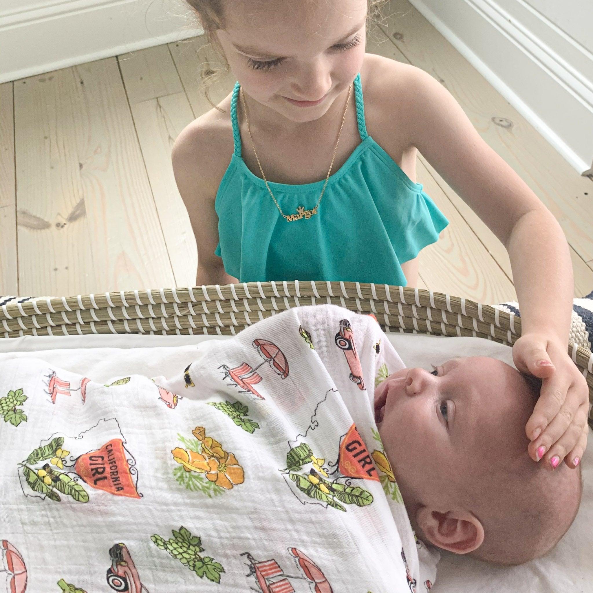 Gift Set: California Girl Muslin Swaddle Blanket and Burp Cloth/Bib Combo-thumbmail-2