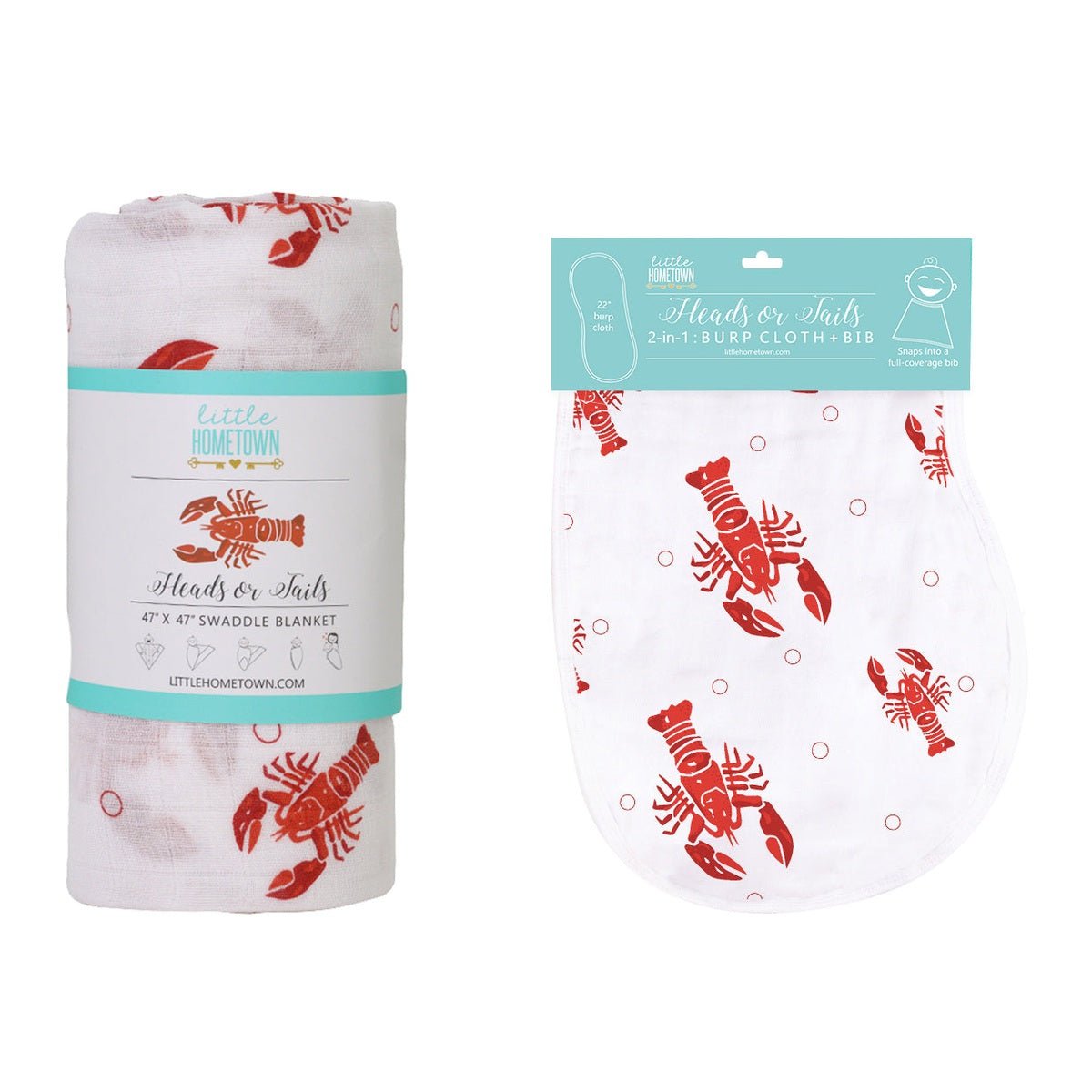 Gift Set: Heads Tails Crawfish Lobster Baby Muslin Swaddle Blanket and Burp Cloth/Bib Combo-thumbmail-5