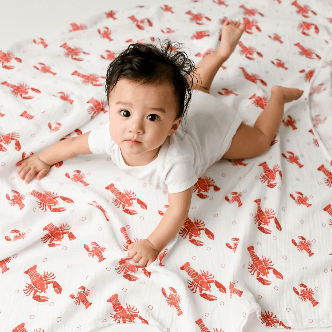 Gift Set: Heads Tails Crawfish Lobster Baby Muslin Swaddle Blanket and Burp Cloth/Bib Combo-thumbmail-2